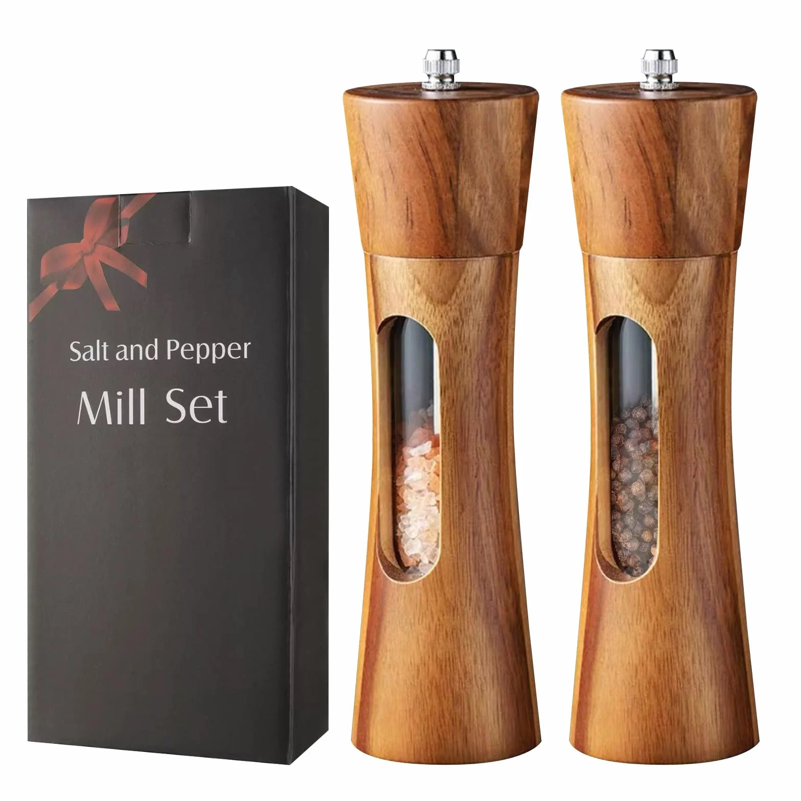 Molinillo de Pimienta de Madera con Ventana Acrílica, Molinillo de Sal de Cerámica Ajustable, 2 Piezas