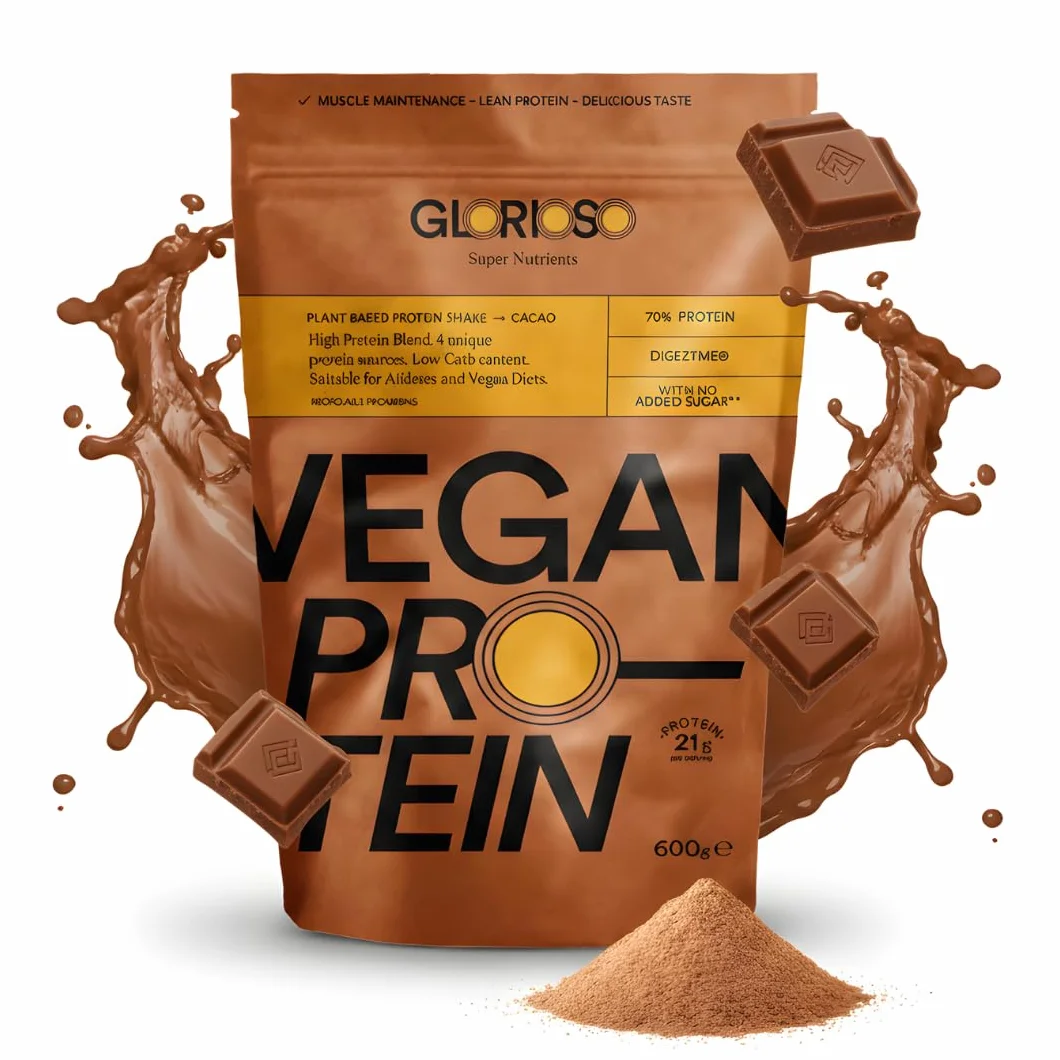 GLORIOSO Proteína Vegana Sin Azúcar Ni Lactosa Sin Gluten DigeZyme® Bajo en Carbohidratos Vegan Protein Powder Chocolate 600g