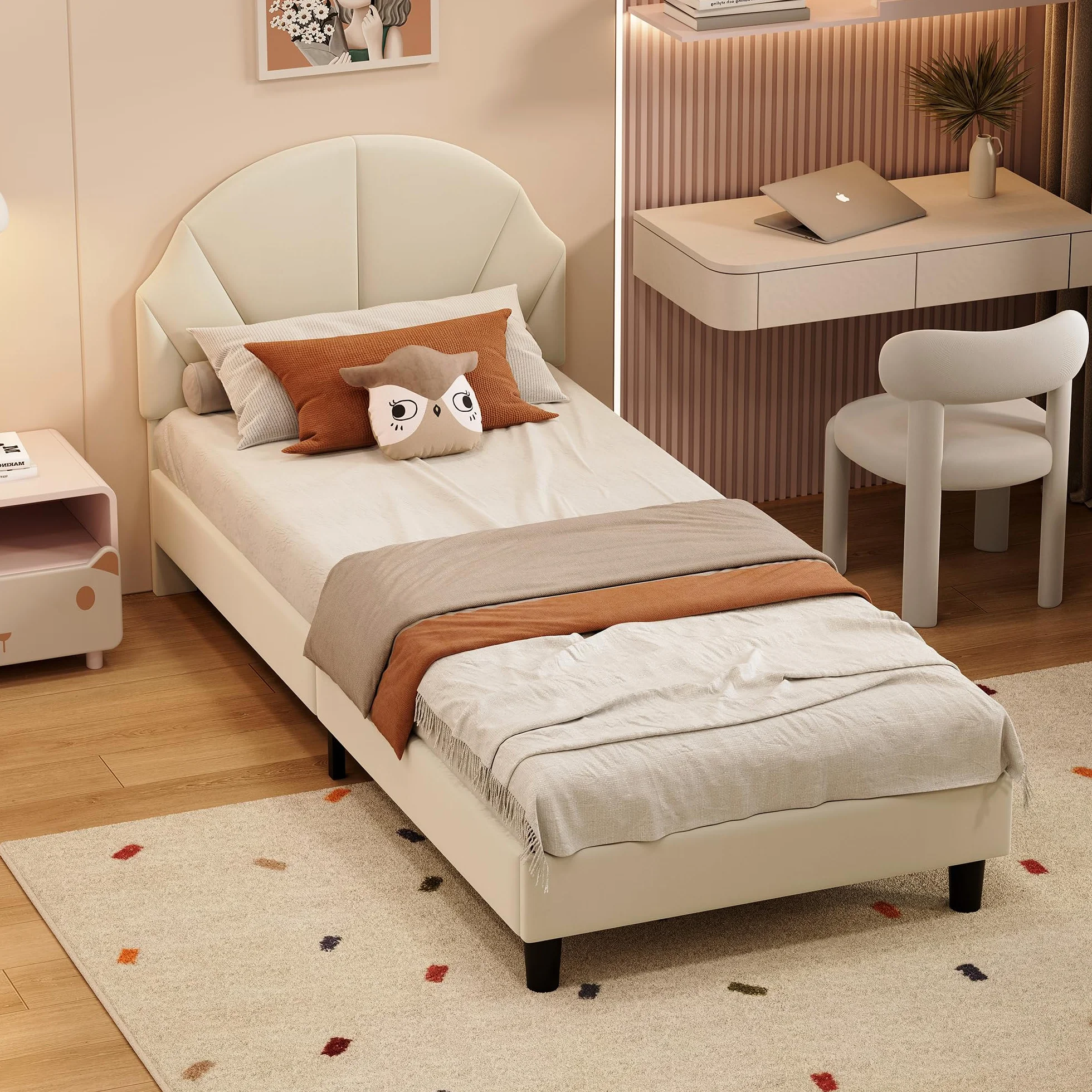Cama infantil acolchada 90 x 200 cm, cama individual con somier y cabecero ajustable, cama juvenil, cama tapizada para niñas y niños, sin colchón, terciopelo, beige