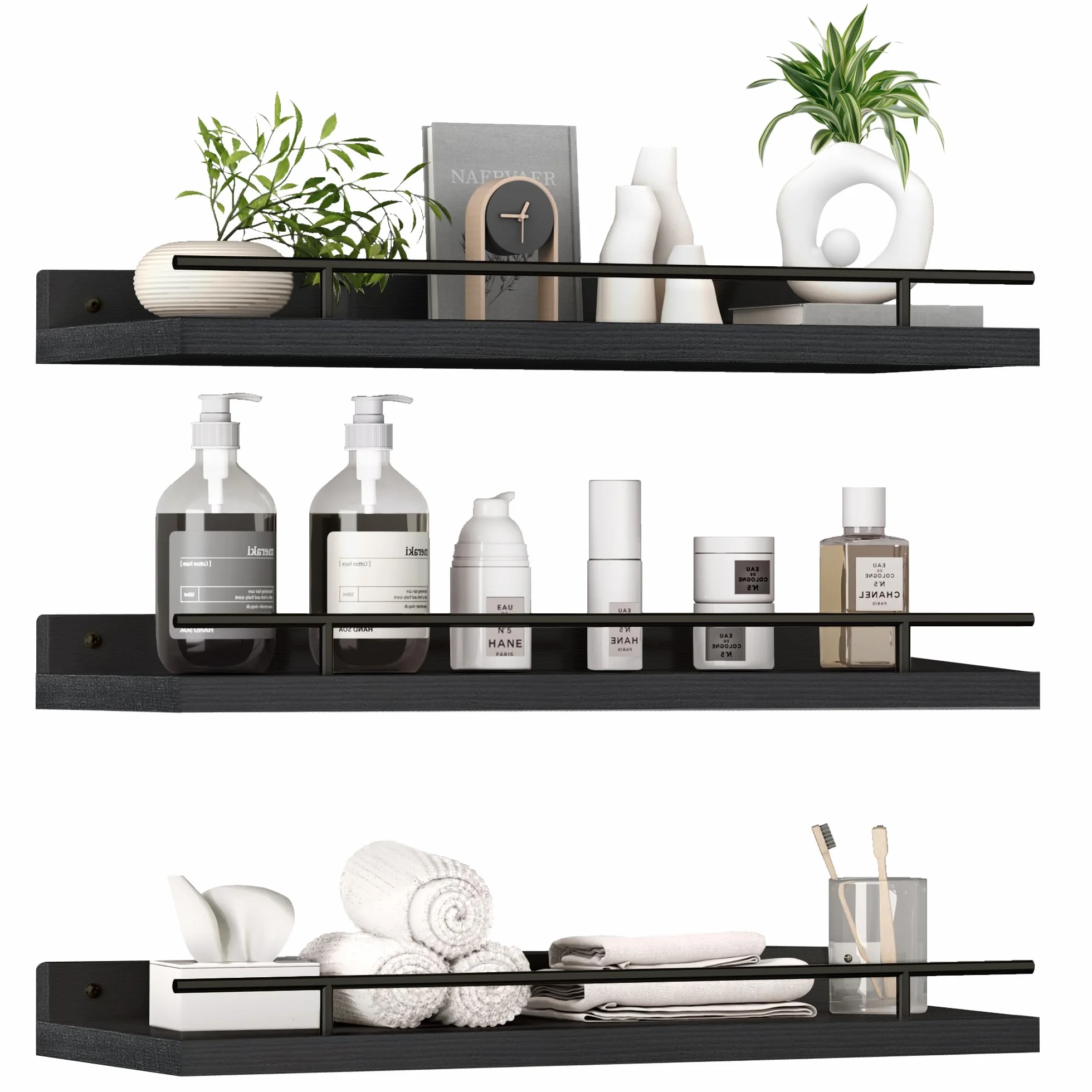 ZVZM Estantería de Pared para Baño y Cocina, 3 Baldas, Estante de Madera para Dormitorio, Sala de Estar