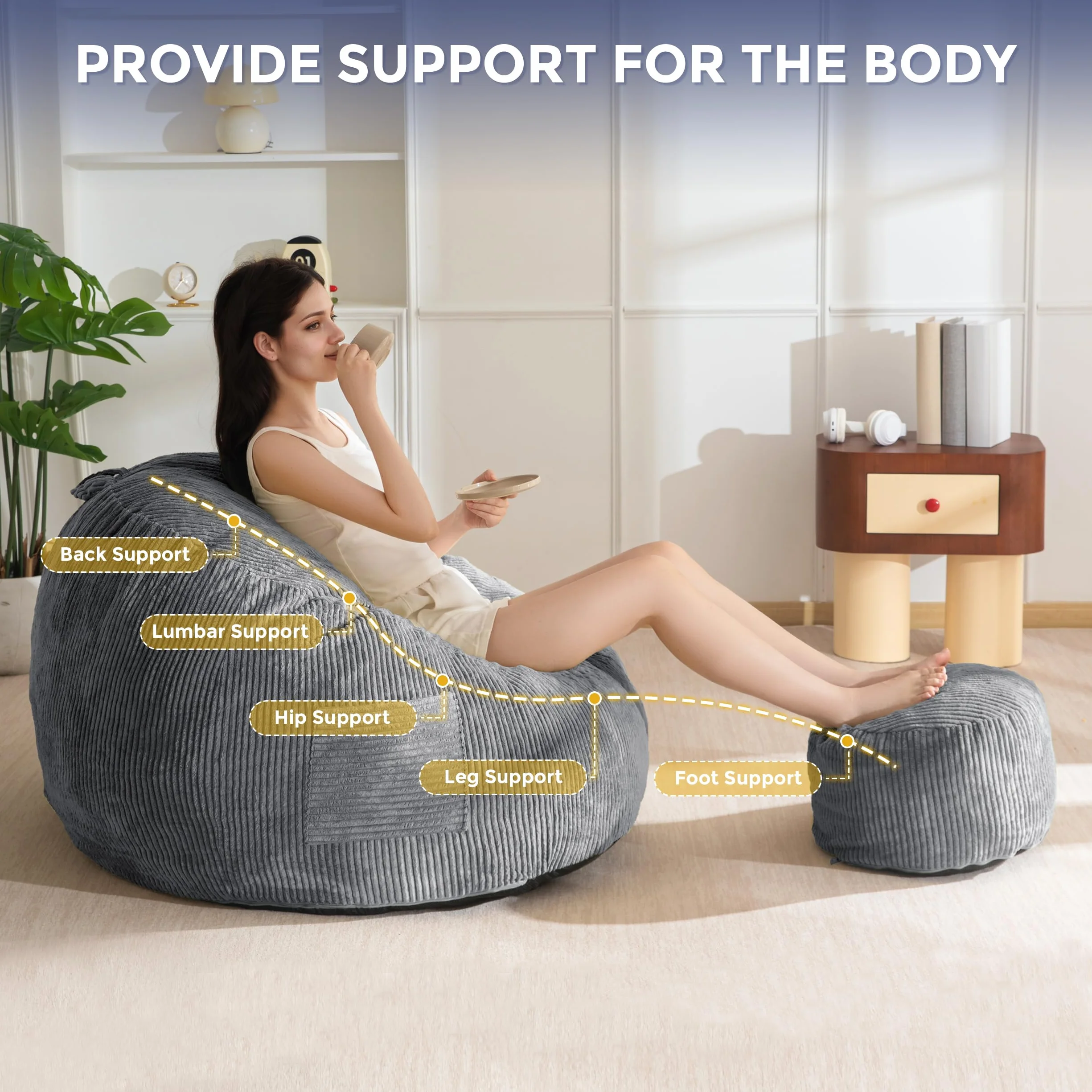 MAXYOYO Sillón Puff de Pana con Reposapiés para Adultos y Niños, Sofá Puff y Puf con Relleno de Espuma, Sillón con Asa para Sala de Estar, Dormitorio, Juegos, Lectura y Relajación