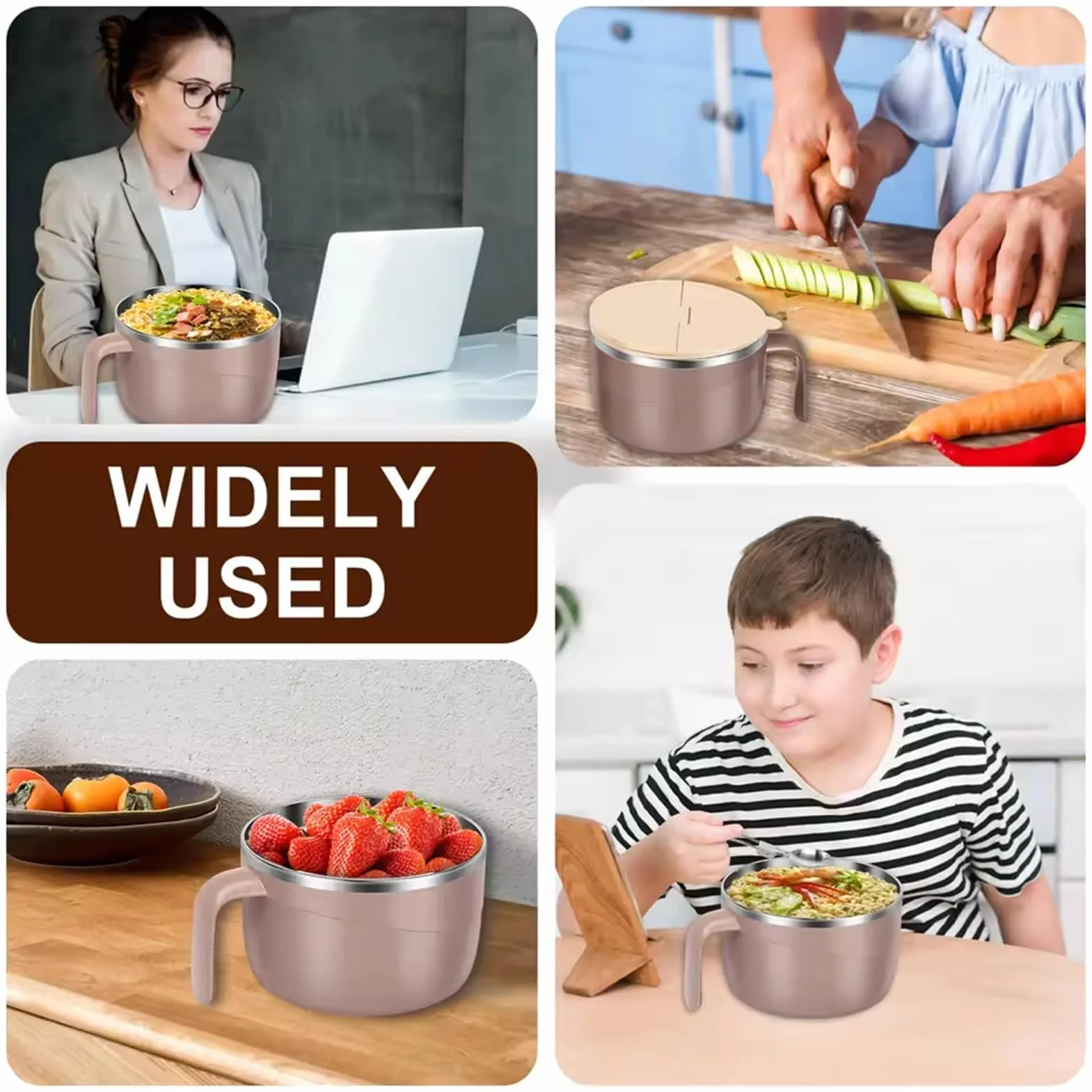 304 Stainless Steel 1200ML Insulated Soup Bowl with Lid Spoon Double Layer Anti-Scald Ramen Bowl Large Capacity Handle Blue