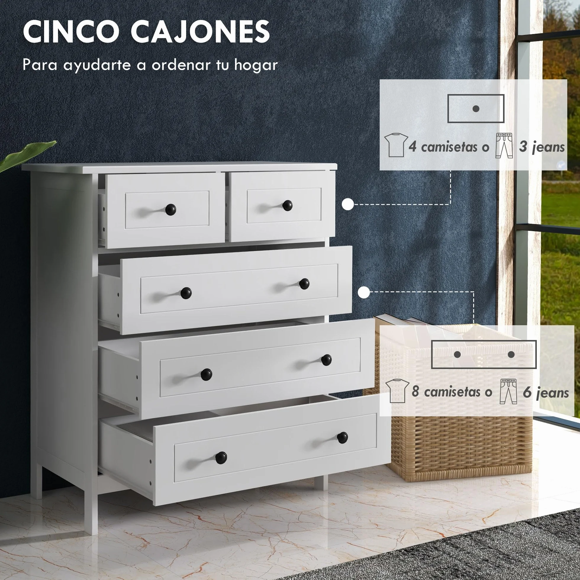 HOMCOM Cajonera de Dormitorio Cómoda Blanca de 5 Cajones con Manijas Cajonera Alta para Salón Oficina Estudio Estilo Moderno 74x40x91 cm