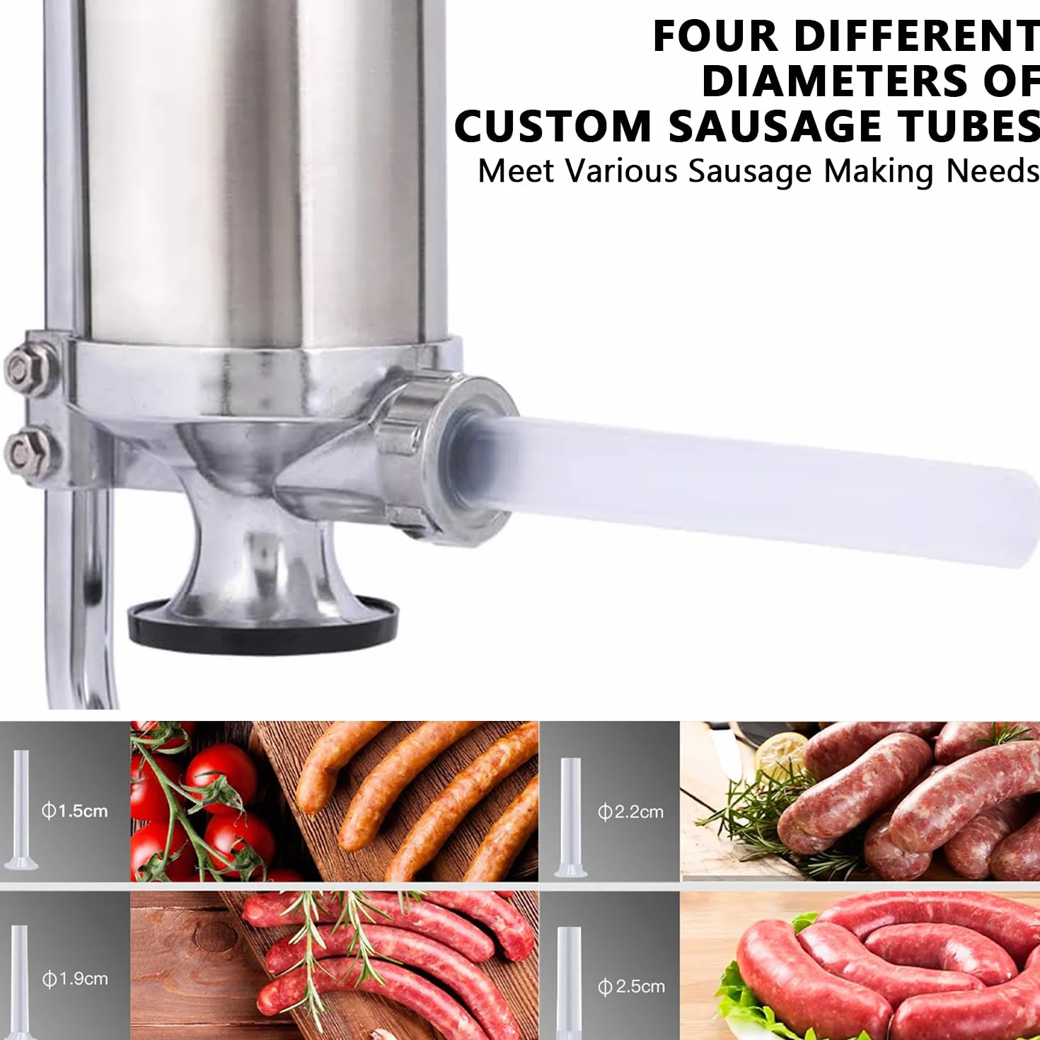3LB Embutidora de Chorizos, Acero Inoxidable Vertical Maquina de Embutir Chorizos con 4 Tubos para Embutidos Caseros