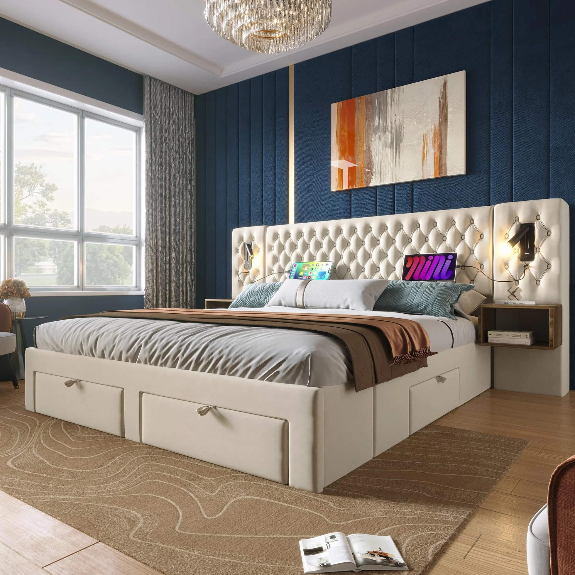 Cama doble tapizada 160x200 cm, 2 mesitas de noche, 4 cajones, cabecero de lectura USB, 243x211x106 cm, color gris