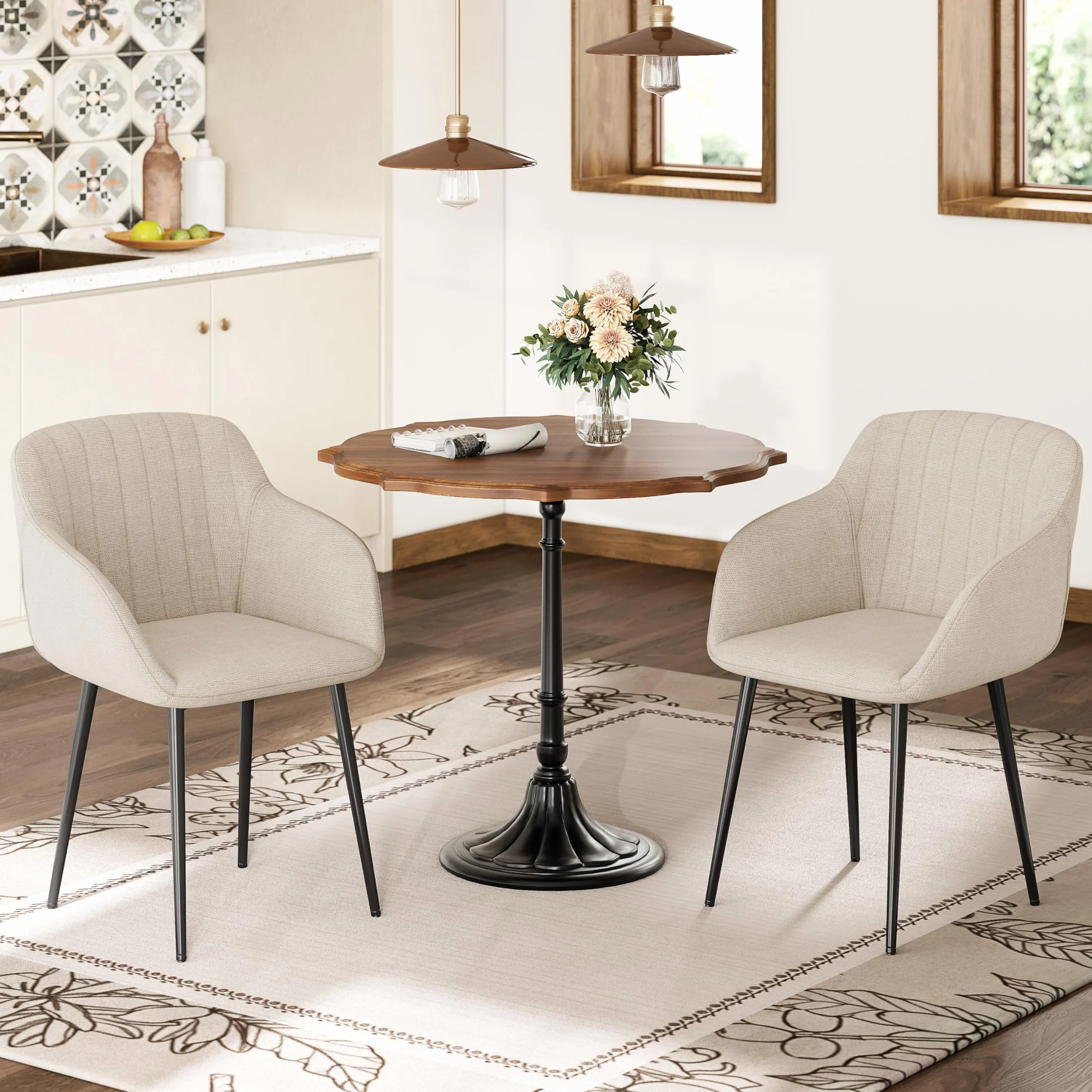 Juego de 6 Silla de Comedor Beige con Reposabrazos, Silla Tapizada en Lino con Patas Metálicas, Estilo Moderno, Unidad Individual para Comedor Salón