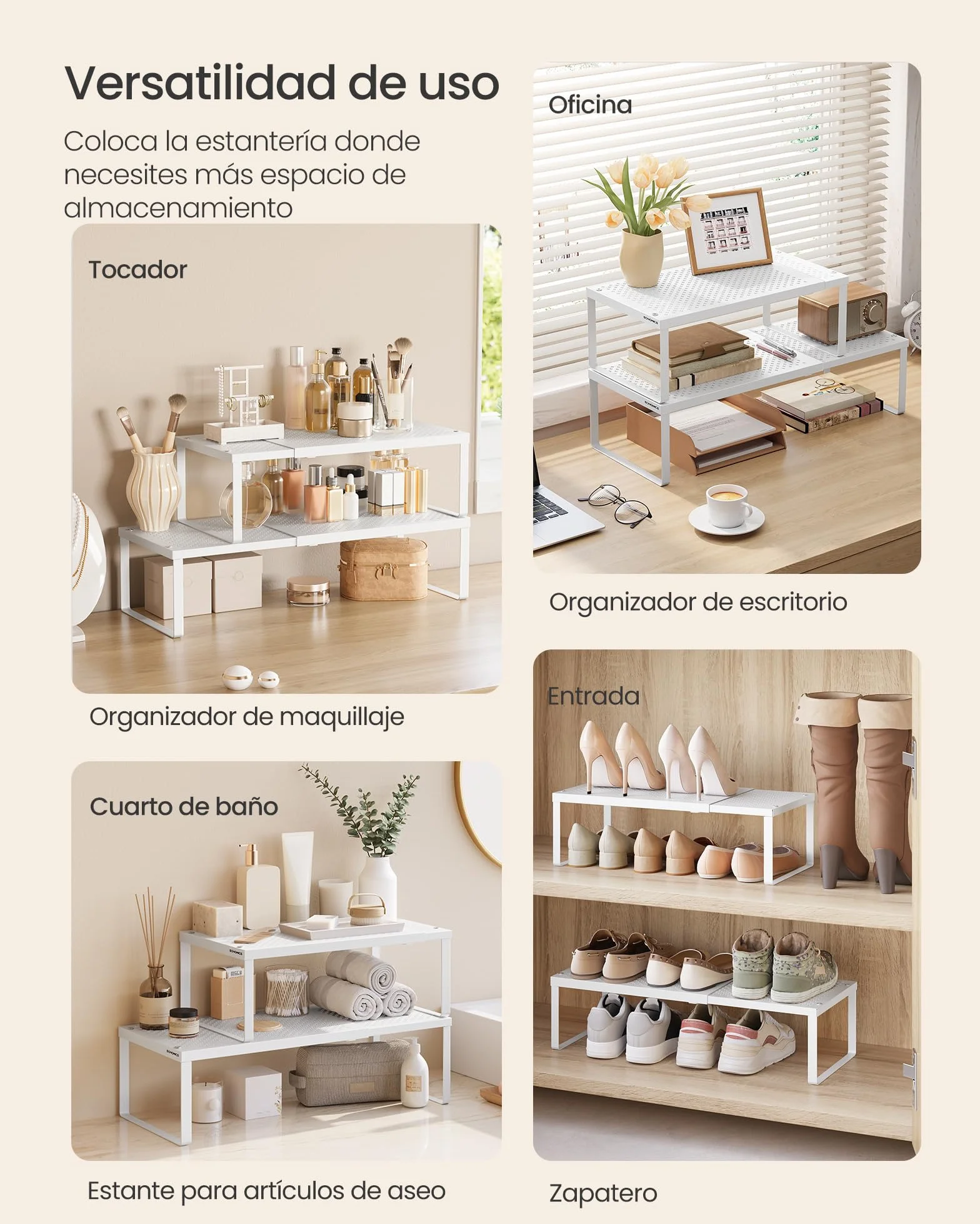 SONGMICS Especiero, Extensible, Organizador de Cocina, Estante de Cocina, Organizador de Armario, Estante Pequeño, Metal, Encimera, Mesa, Zapatero, Blanco Mate KCS007W01
