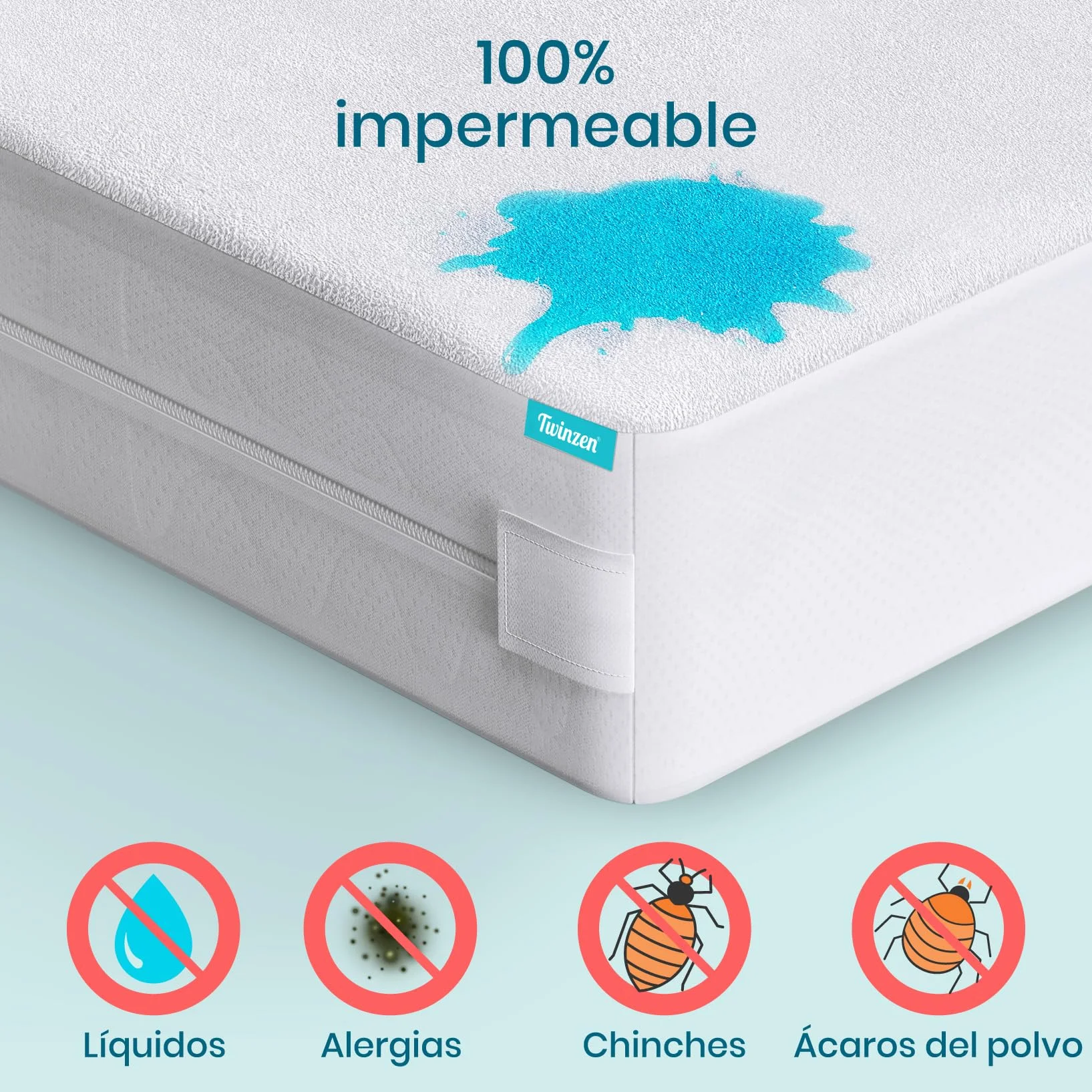 Twinzen - Funda Colchón 135x190 x25 cm - Impermeable Y Antiácaros - Cubre Colchón 135x190 x25cm Cremallera Completo para Protección Total - Bi-Ome & Oeko-Tex