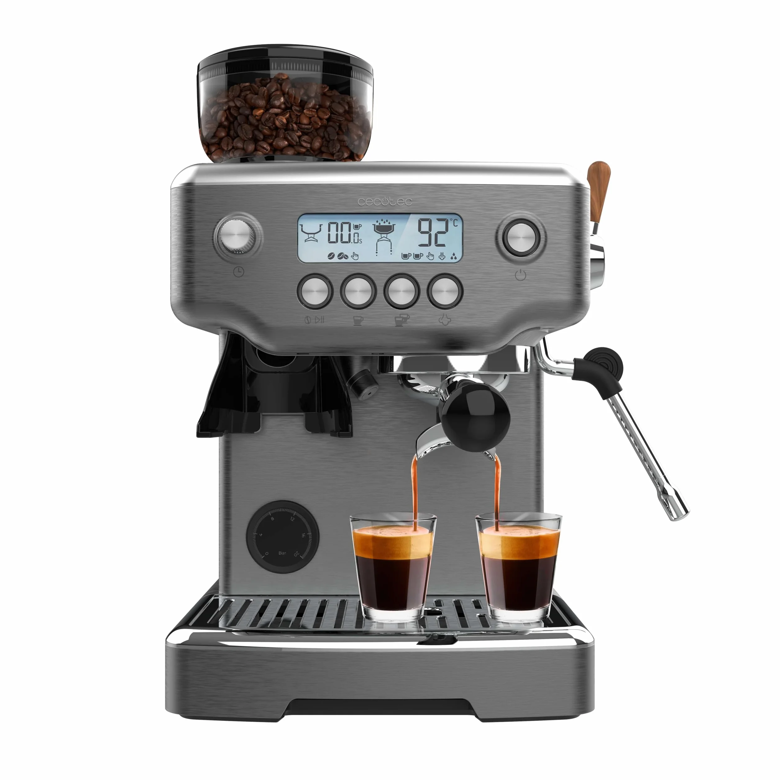 Cecotec Cafetera Express Barista Power Espresso 20 Barista Steel & Grind. 2200W, 20Bares, Molinillo Cónico, 2.1L Depósito Agua, 180g Café, 30 Niveles, Thermoblock, Doble Brazo, Accesorios Incluidos