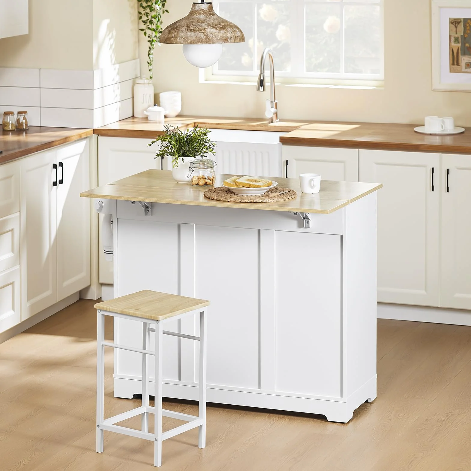 SoBuy Isla Cocina con Ruedas Carro de Cocina con Encimera Extensible Mueble Auxiliar de Cocina con 2 Cajones y Estantes Ajustables, Ideal para Cocinas Pequeñas Blanco 113 × 44–69 × 91 cm FKW129-WN