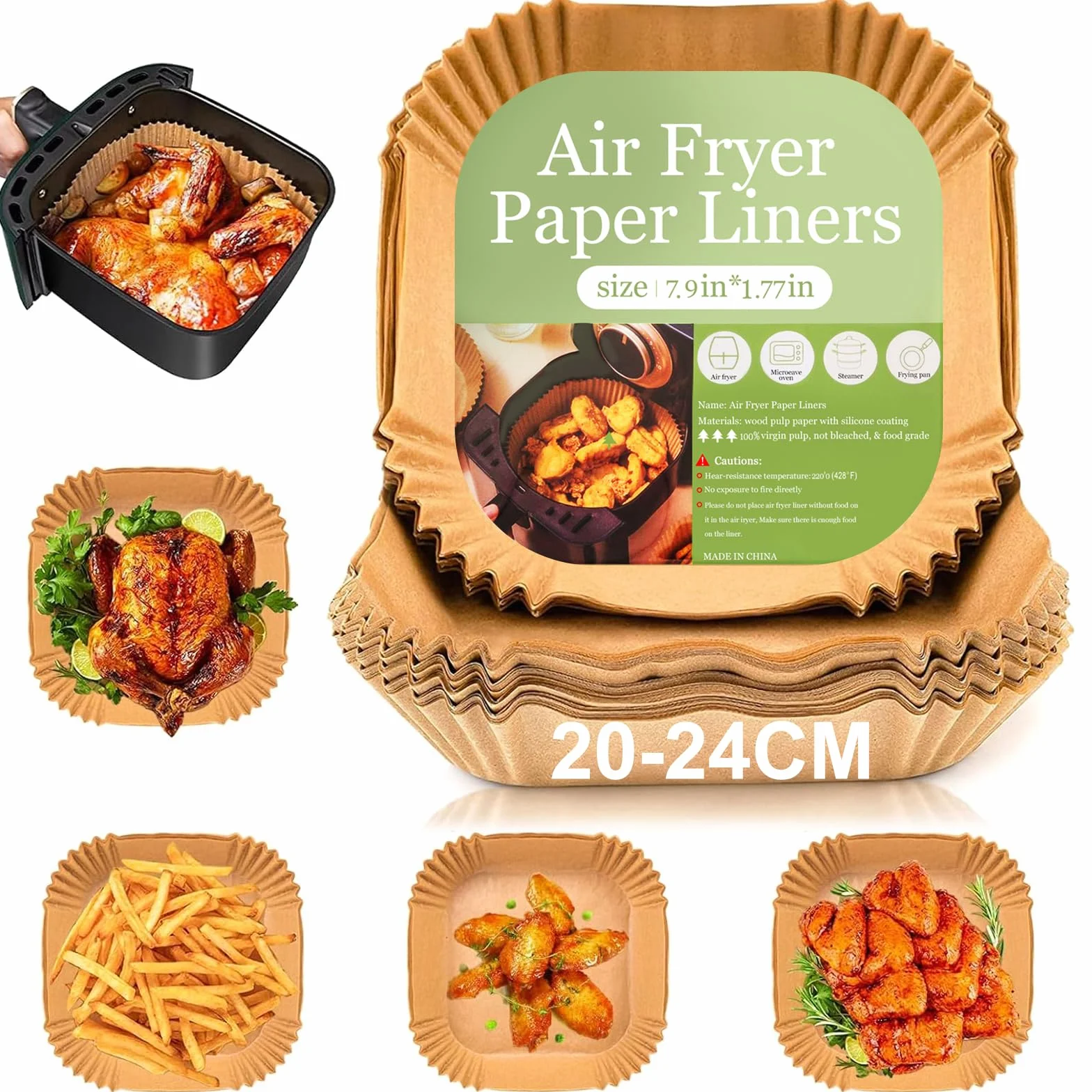 Papel Freidora Aire de 20-24cm,100 Unidades,Papel de Freidora de Aire Desechable de Grado Alimenticio,para Horno, Hornear y Microondas,Para Freidoras de Aire de 5 a 8 litros,BPA Free