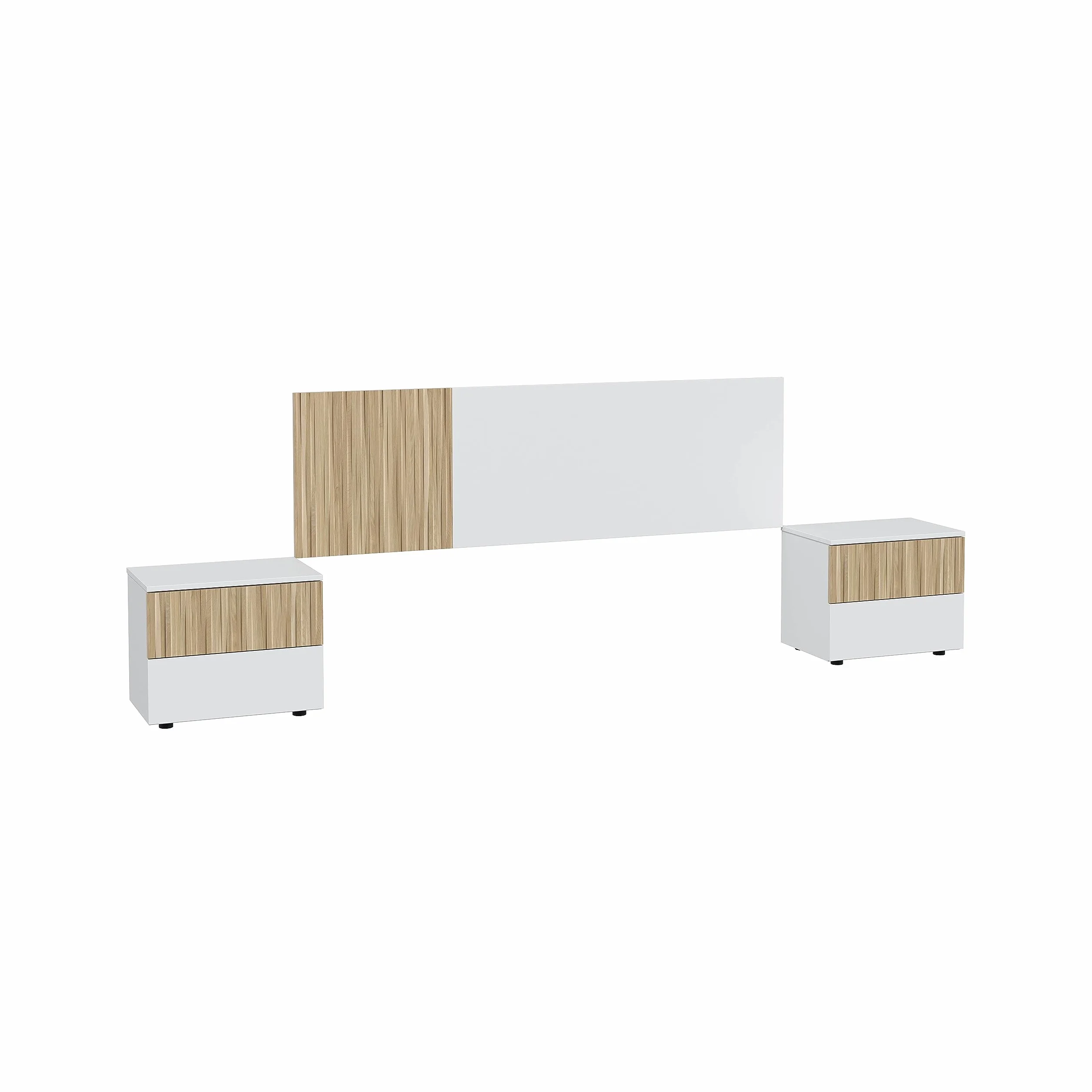 Mobelcenter, Conjunto Cabezal y 2 Mesitas Dormitorio Ethna, Cabecero y Mesitas para Cama de Matrimonio, Color Blanco Artik y Natur, Medidas: Ancho: 266 cm x Fondo: 34 cm x Alto: 91 cm (1428)