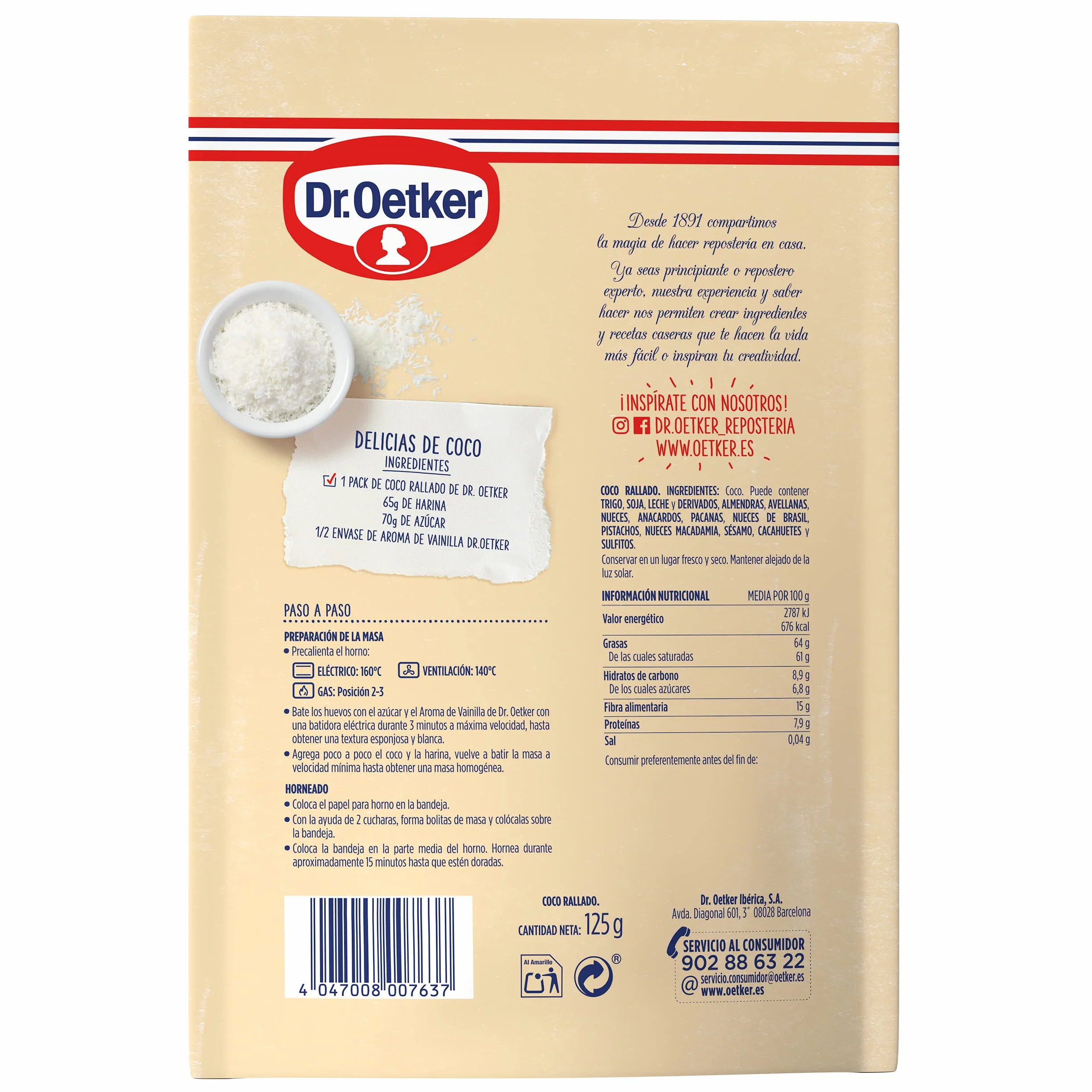 DR. OETKER Coco Rallado 100% Natural Sin Azúcar, 125g
