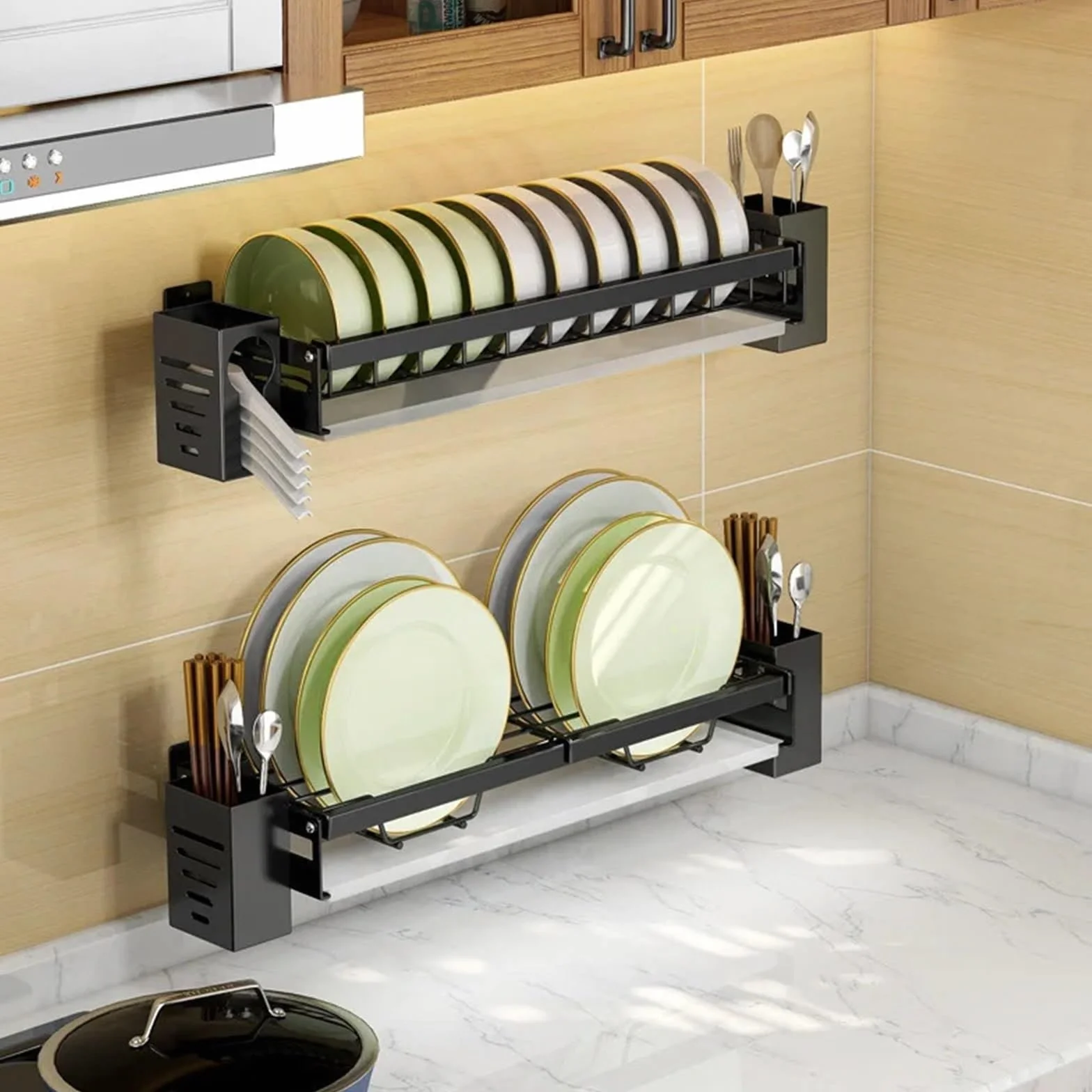 Escurreplatos de acero inoxidable montado en la pared, estante de secado de platos con bandeja, organizador de cocina, soporte para palillos, escurridor de platos colgante, estante de secado de platos