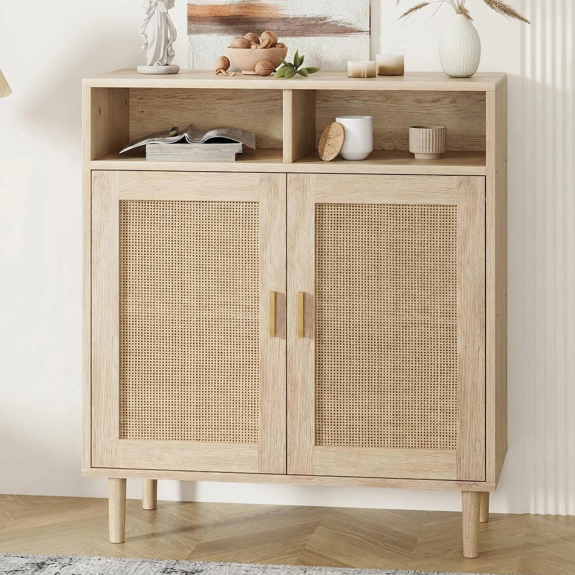 Aparador De Madera con Ratán - Armario De Almacenamiento para Salón con Puerta - Cuatro Compartimentos - para Salón, Dormitorio y Recibidor - Patas Altas - Fácil De Montar y Organizar
