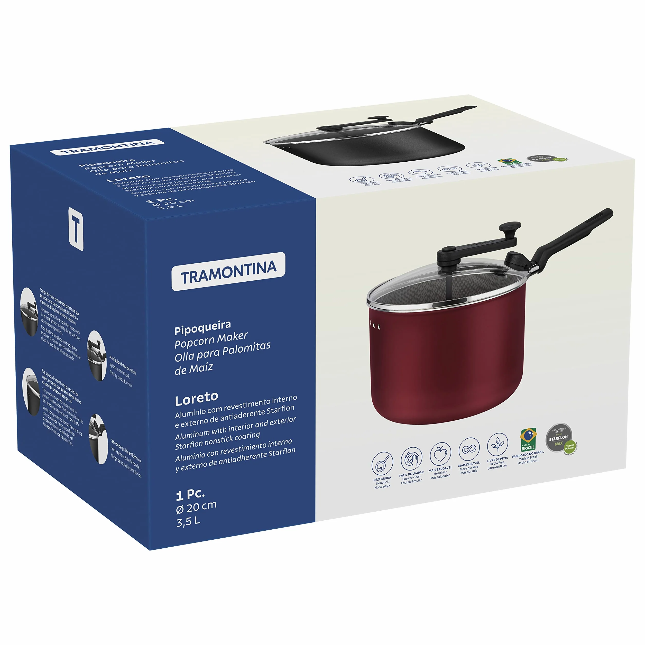 Tramontina Olla para Palomitas Loreto 20 cm 3.5 L Aluminio Antiadherente Rojo