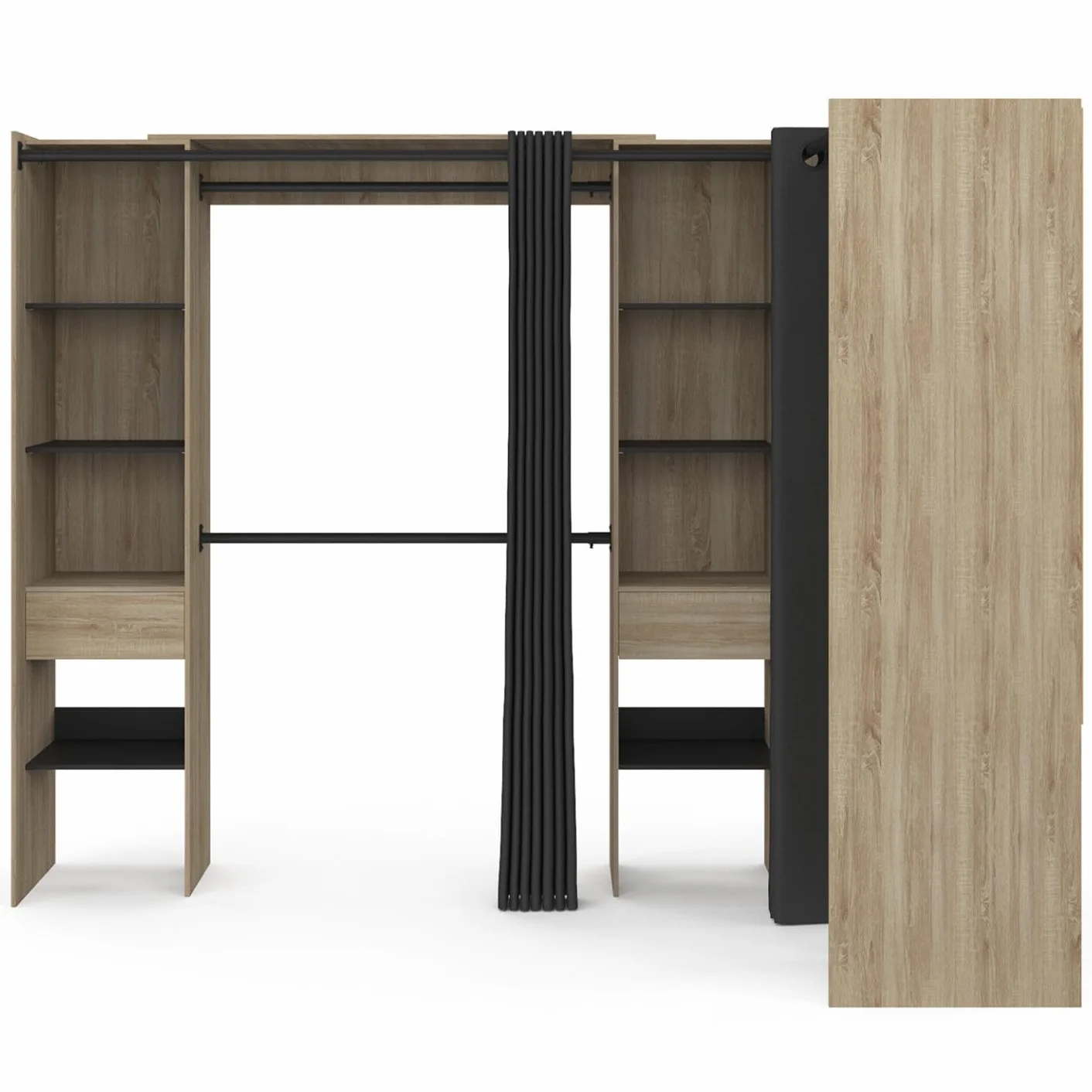 IDMarket - MARLON 230 x 140 x 180 cm Armario esquinero de haya con armarios + estantes + cortinas negras