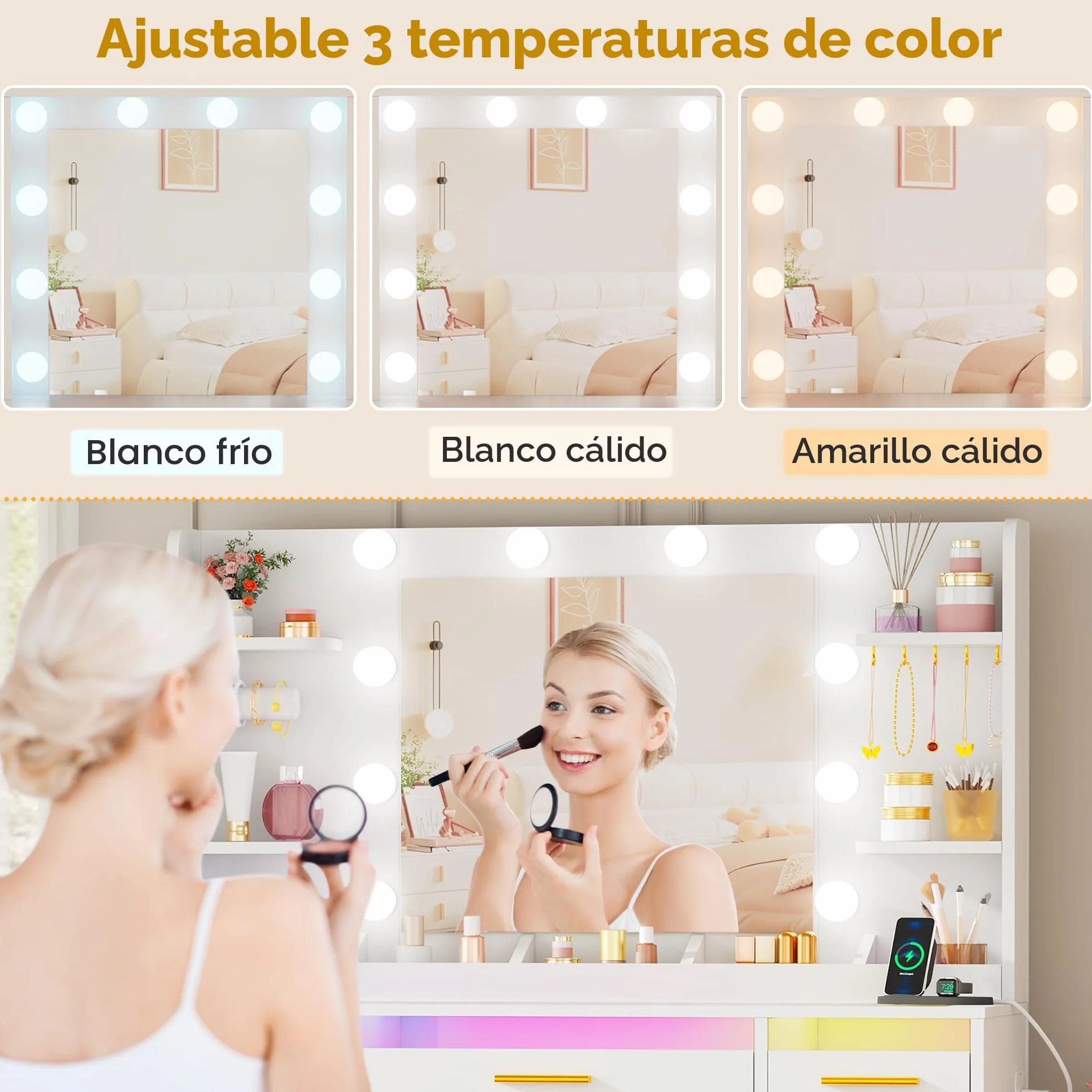 ANWBROAD Grande Tocador de Maquillaje con Espejo y Luces LED, 9 Cajones RGB, Mesa Moderna Blanco BDT95W