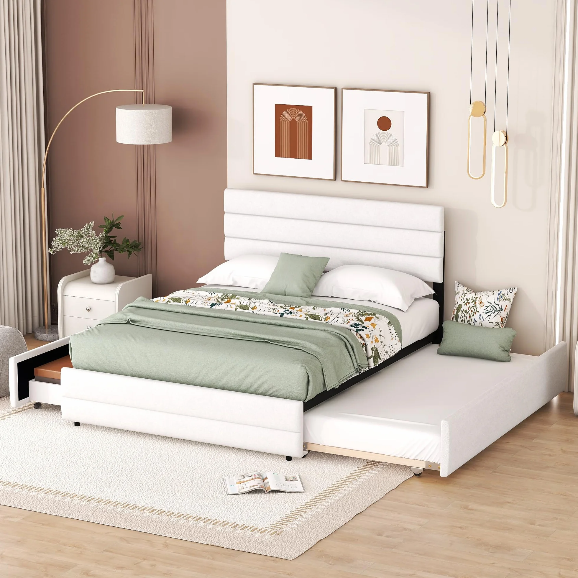 Moimhear Cama doble de plataforma con dos cajones con ruedas, 140 x 200 cm, para dos personas, beis