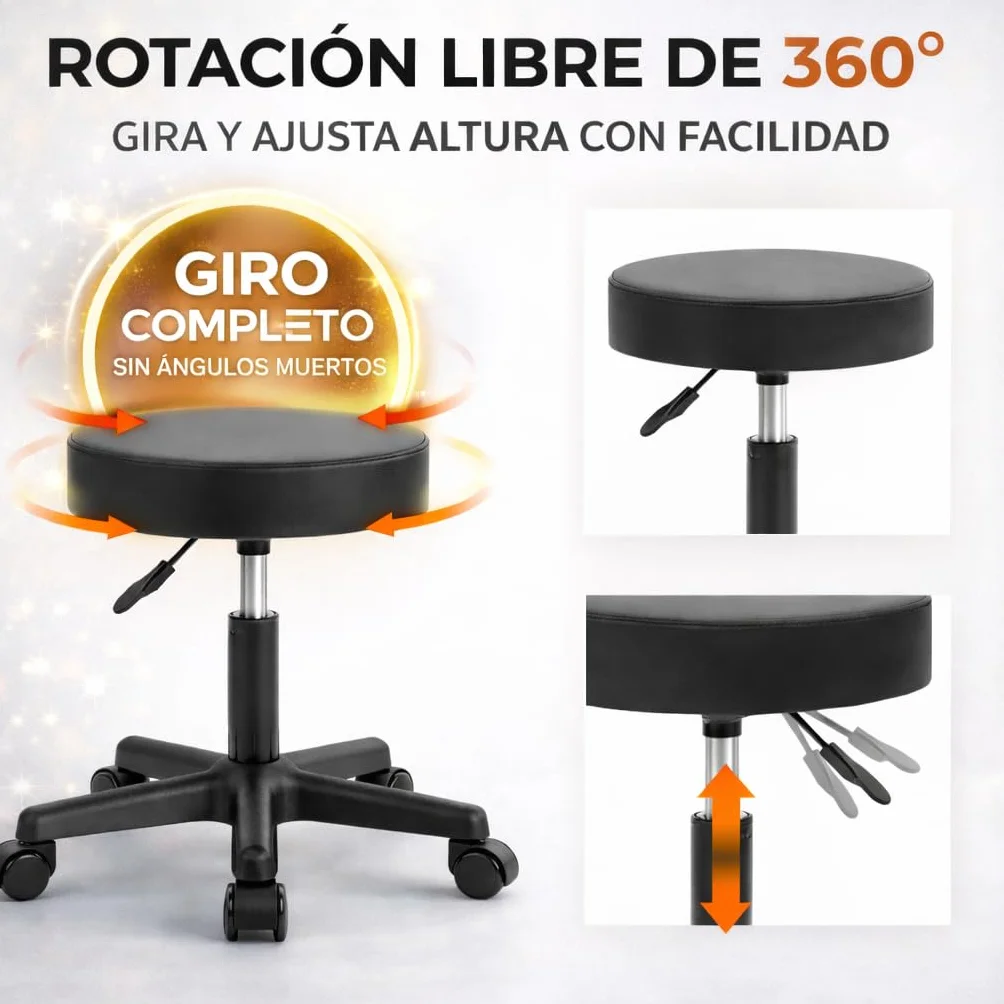 Taburete Giratorio Profesional Ajustable 45-60 cm 135 kg Giro 360° con Ruedas Asiento Acolchado
