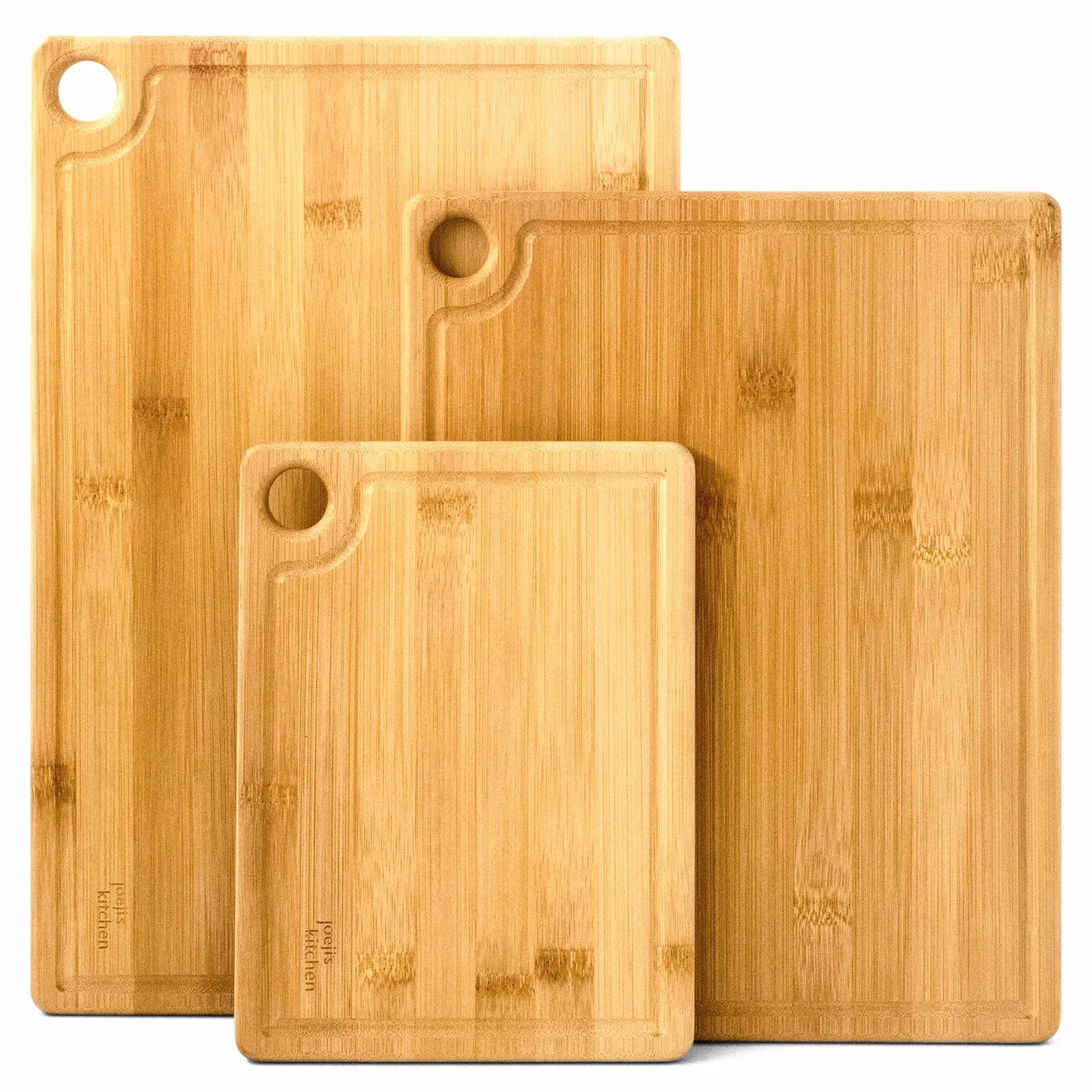 Juego de 3 Tablas de Cocina de Madera Bambú con Ranura y Agujero para Colgar - Antimicrobiano Natural