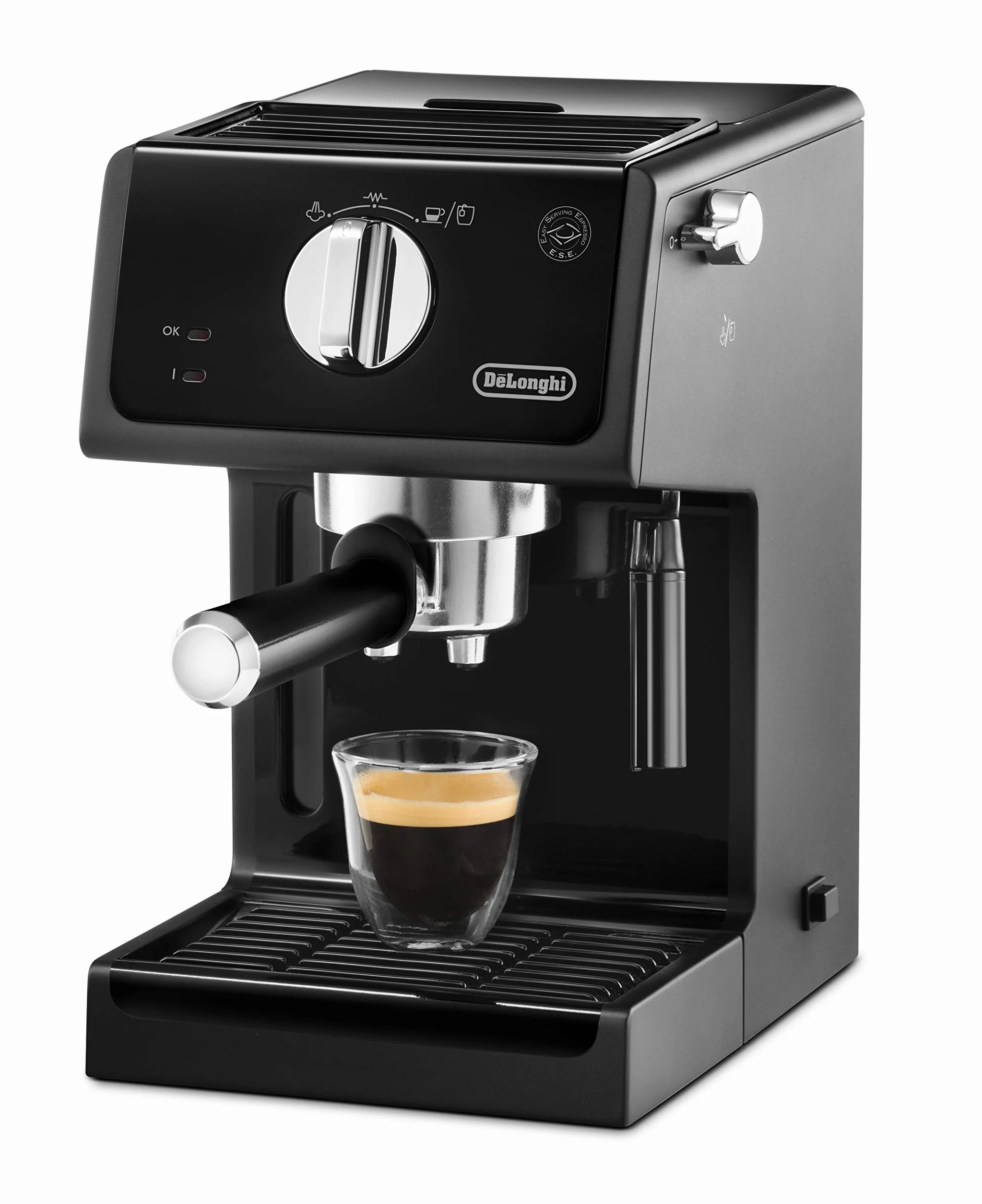 De'Longhi Máquina de café expreso | Portafiltro con acabado de aluminio | Boquilla de espuma de leche | También para cápsulas | Negro