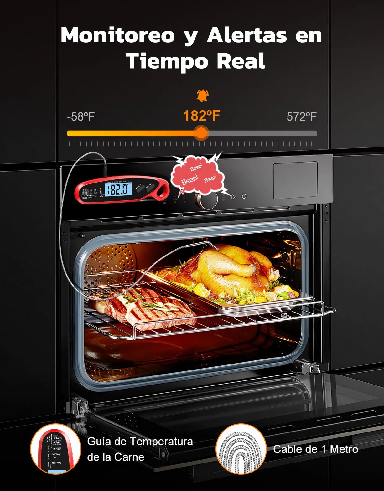 Babacom Termometro Cocina Digital Lectura Instantáneo, Meat Thermometer con 2 Sondas,Calibración y Pantalla Retroiluminada. Termómetro Carne Ideal Para Vino y Cerveza,Horno,Parrilla y Freidora de Aire