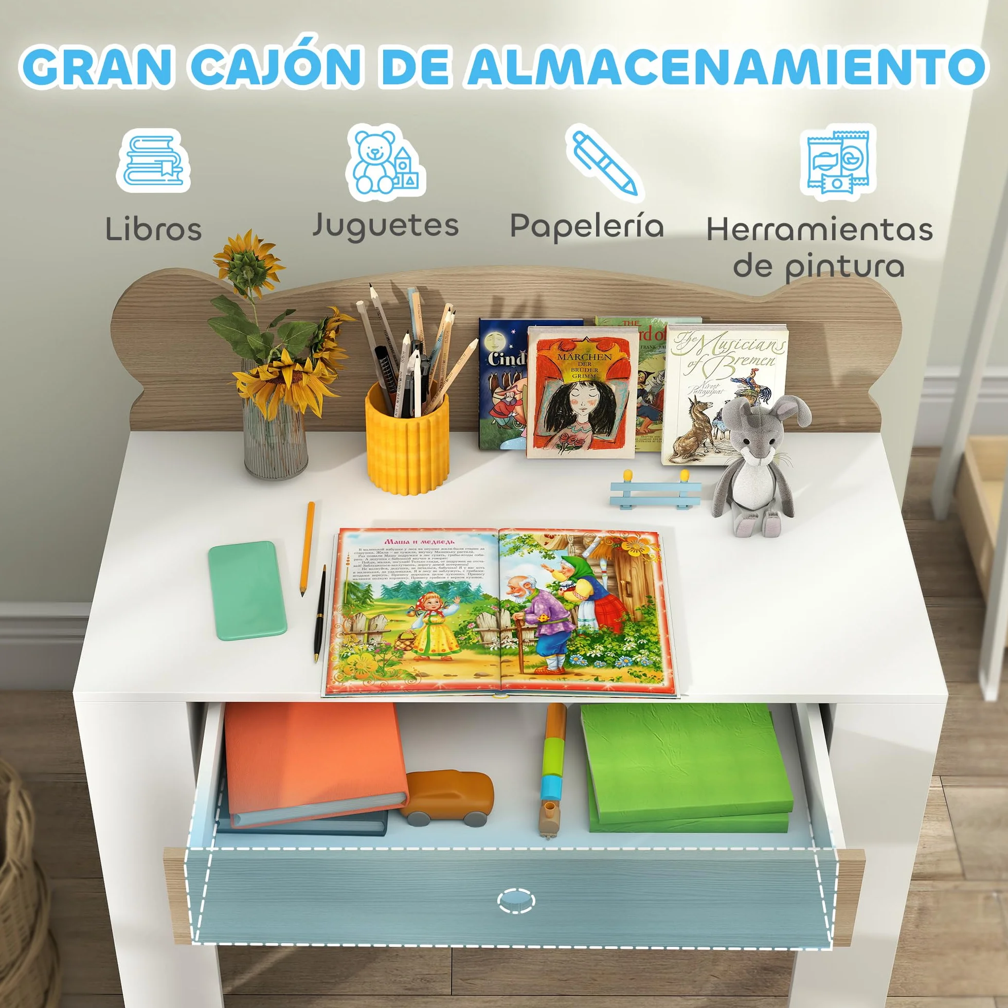 AIYAPLAY Escritorio Infantil con Silla Osito Mesa Niños Cajón Estudiar Dibujar Leer Pupitre Estudio Dormitorio Sala Natural