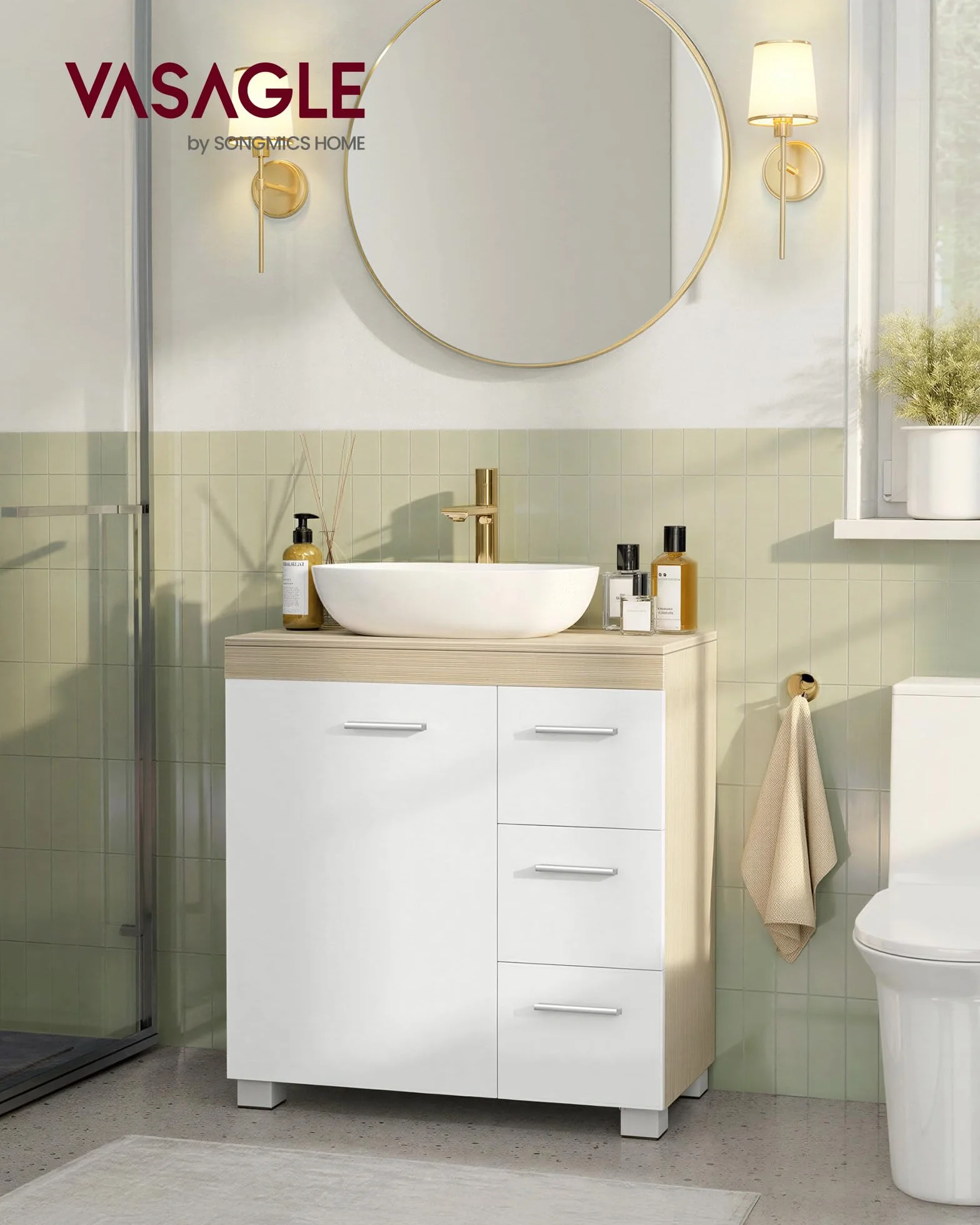 VASAGLE Armario de Baño 3 Cajones 30 x 60 x 64 cm Blanco Nube Beige Natural