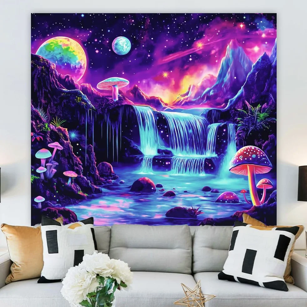 WEBEEDY Glow In The Dark Waterfall Tapestry Lila Galaxy 130 x 150 cm