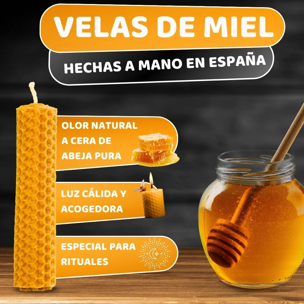 Velas de Miel de Abeja 100% Natural Española Cera Pura - Pack de 8, 10 cm x 2,2 cm