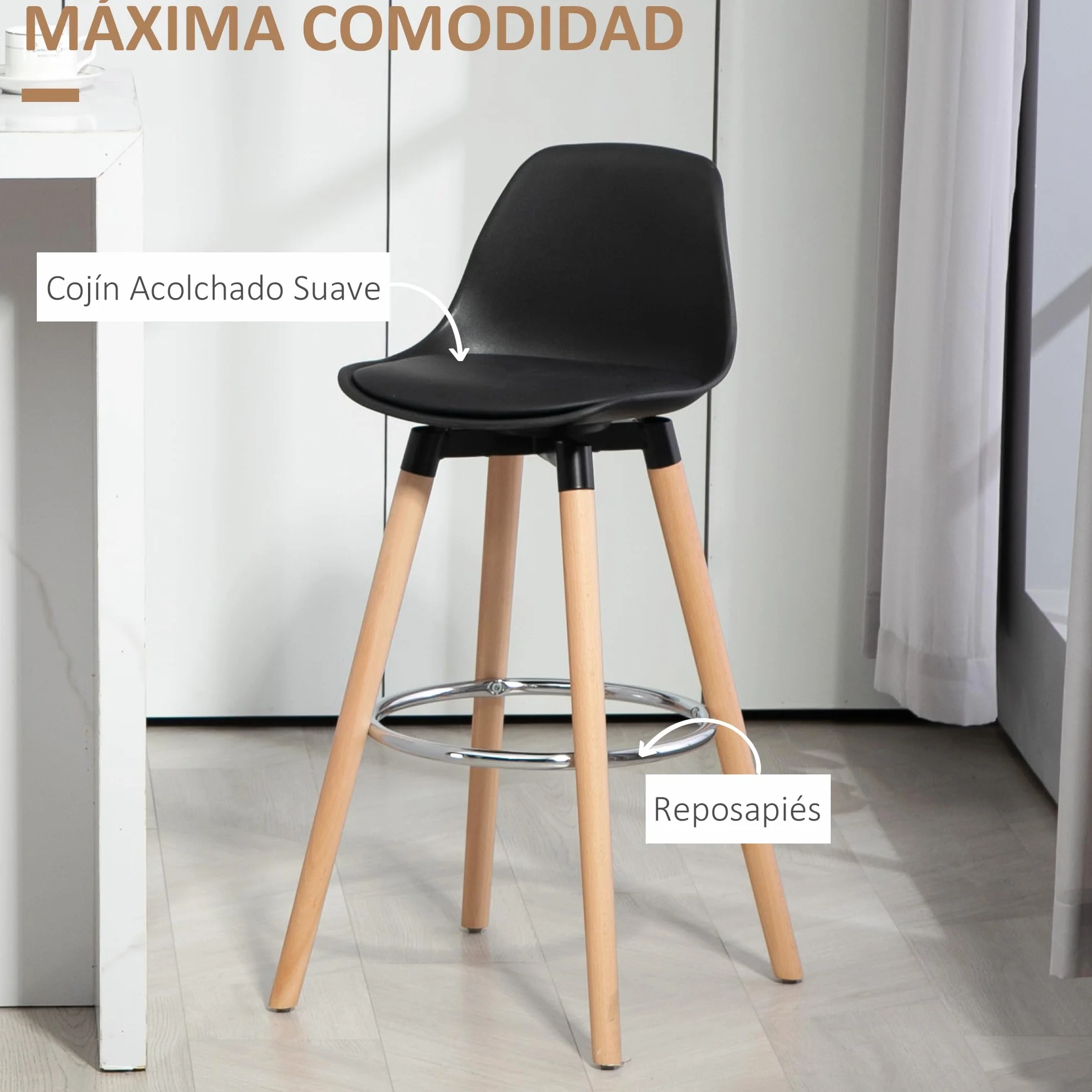 HOMCOM Juego de 2 Taburetes Altos de Cocina Altura Asiento 69 cm Taburetes de Bar Sillas Altas de Cocina Tapizado en PU con Respaldo Patas de Madera para Comedor Negro