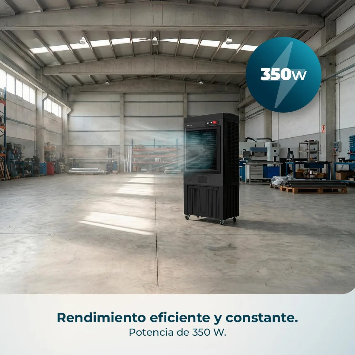 Cecotec Climatizador Evaporativo Industrial AirIndustry 110000. 350W, Depósito de 110 litros, Caudal de 9000 m3/h, 3 Velocidades Ajustables, Oscilación, Ruedas Multidireccionales