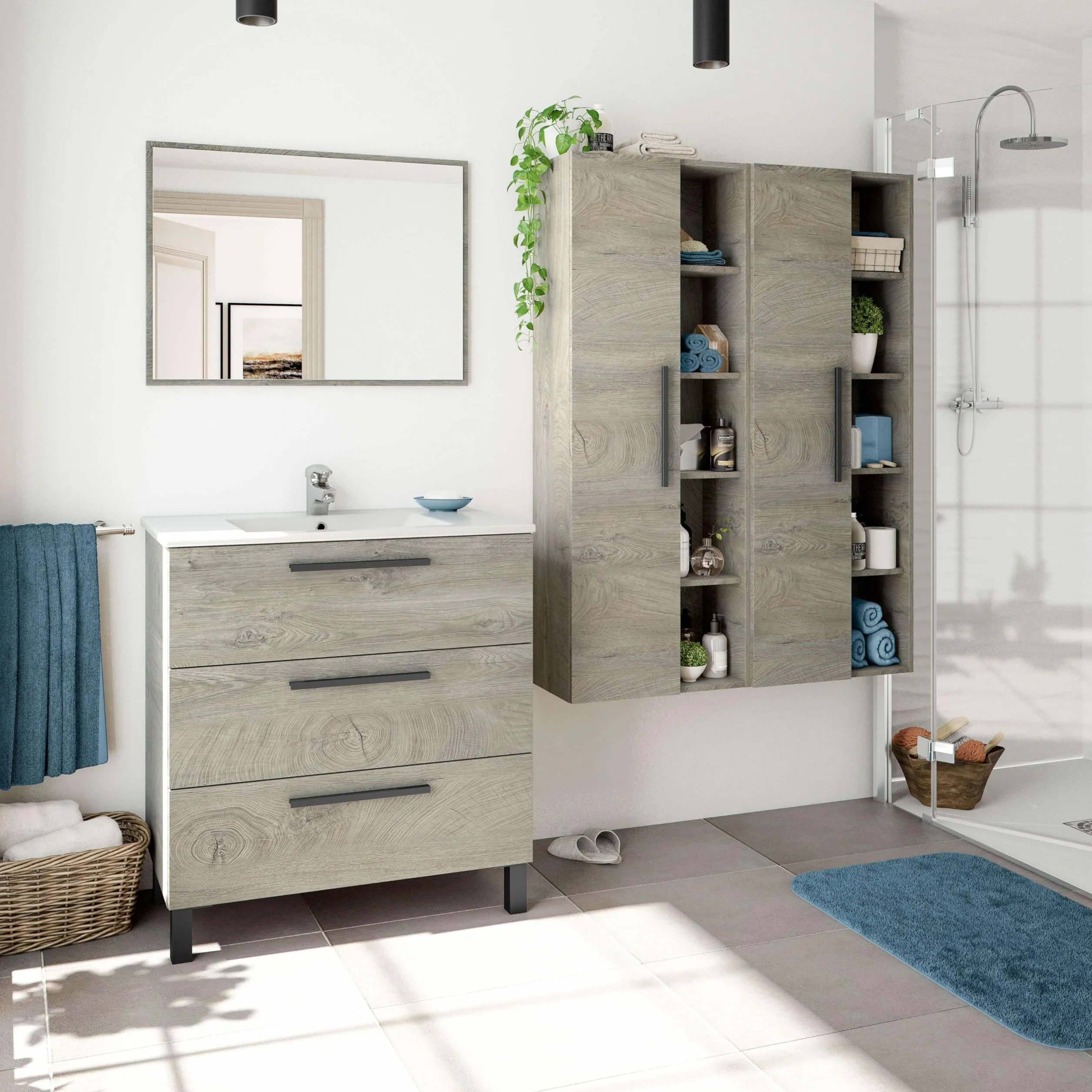 ARKITMOBEL Mueble de Baño Athena con 3 Cajones y Espejo, Módulo de Lavabo con Patas, Color Roble Alaska, Medidas: 80x86x45 cm (Lavabo No Incluido)