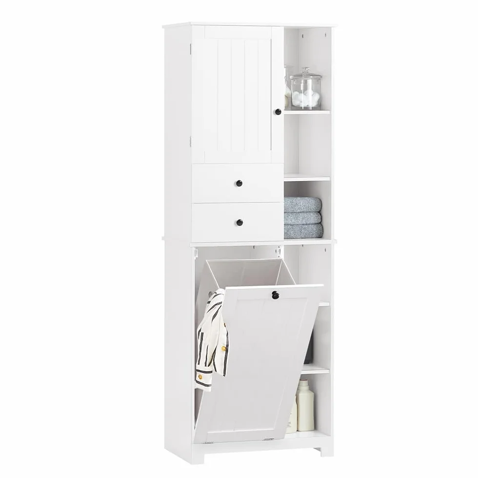 SoBuy Mueble Baño con Cesto De Ropa Sucia Y 6 Estantes, 60x37x171 Cm | Armario alto con 6 estantes y 2 cajones para ropa, toallas y productos de baño; ideal para familias. Blanco. BZR104-W
