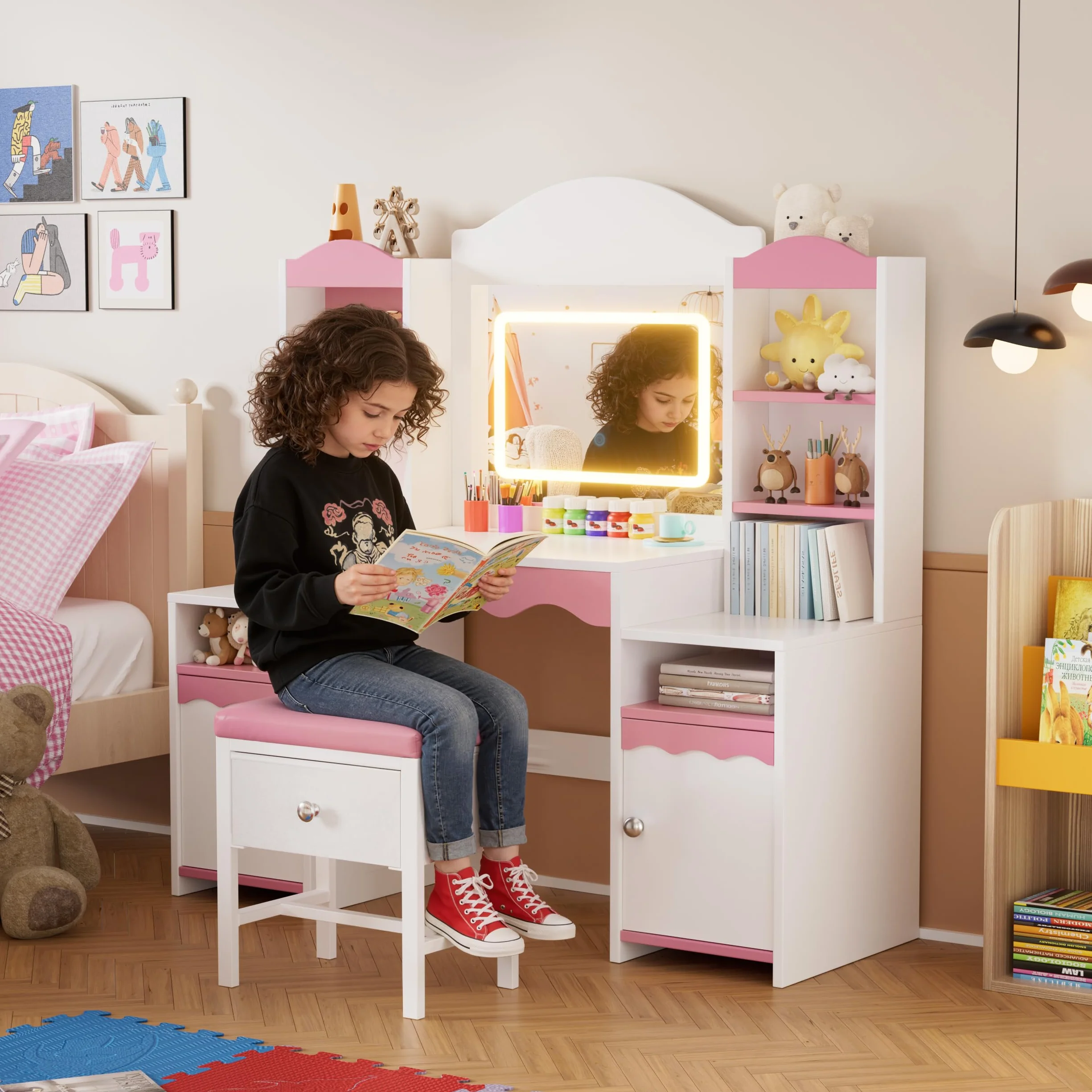 MSFE 2 en 1 Tocador Niña con Espejo y Luces,Mesa de Maquillaje con Taburete y Armario de Almacenamiento,Tocador de Princesa con Estantes y Soporte para Joyas,Tocador de Maquillaje para Niñas