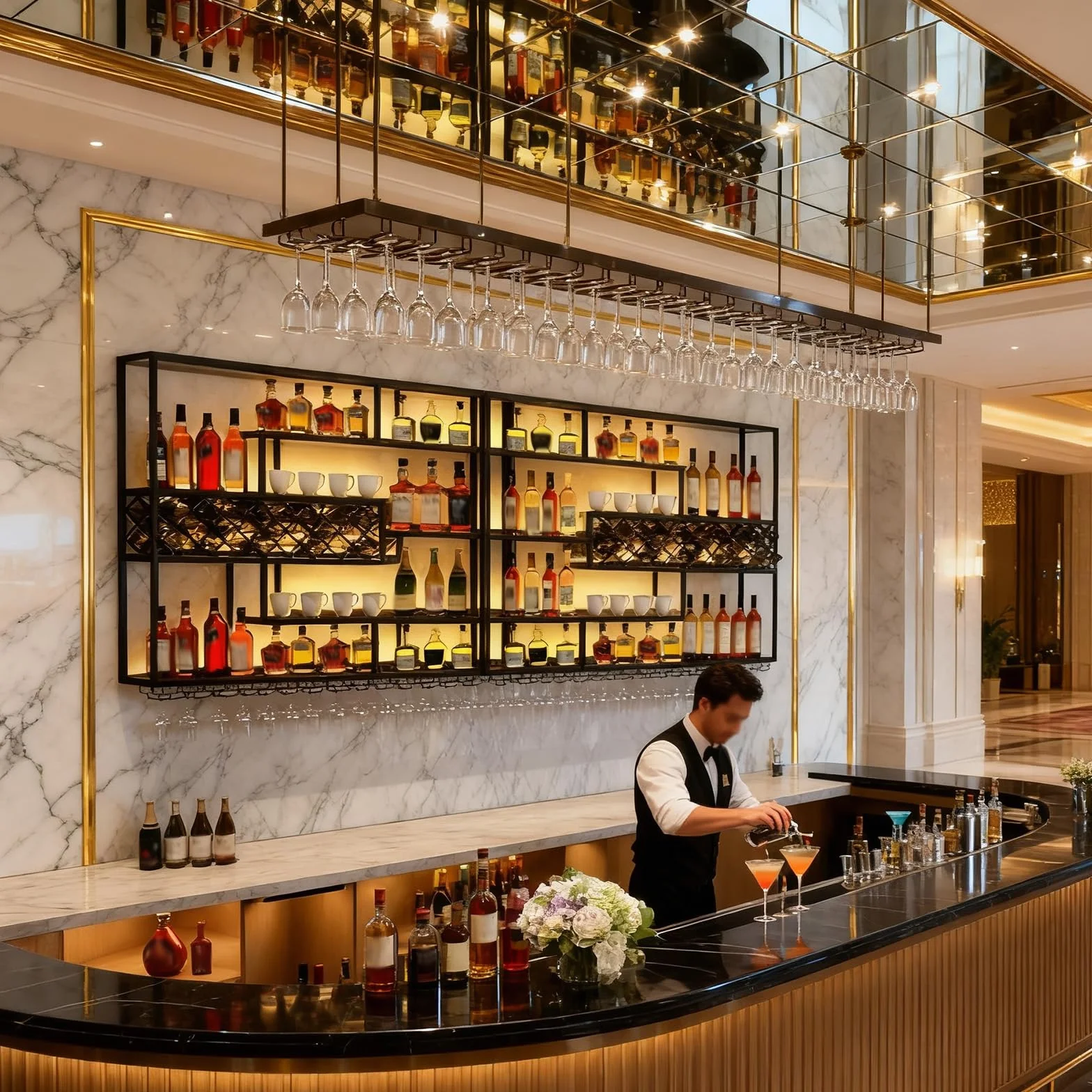 200CM Estantería de Vino de Pared con Luz LED, Metálica 4 Niveles Estilo Industrial Colgante para Botellas y Copas, Decoración para Bar en Casa y Comedor (Negro)