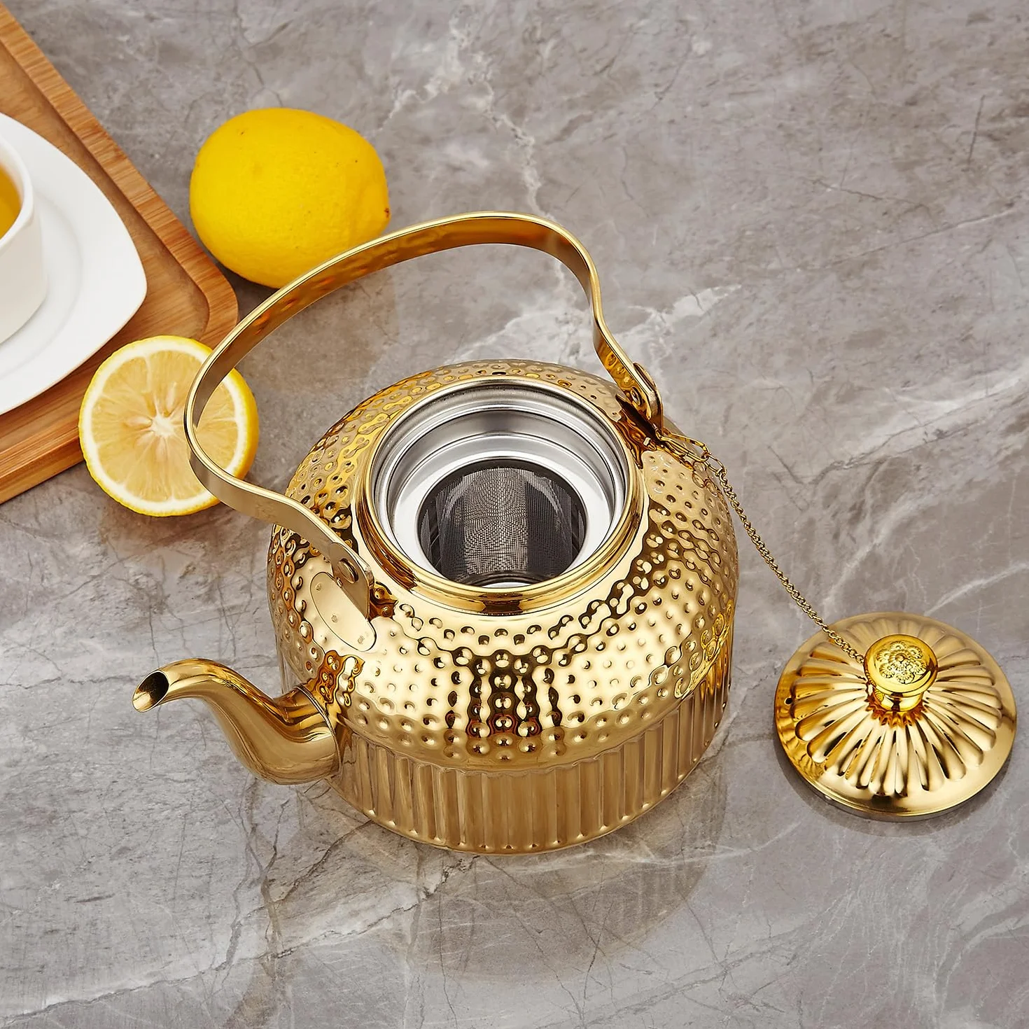 SANQIAHOME 1500 ml Tetera de acero inoxidable con infusor,antiguo,Oro