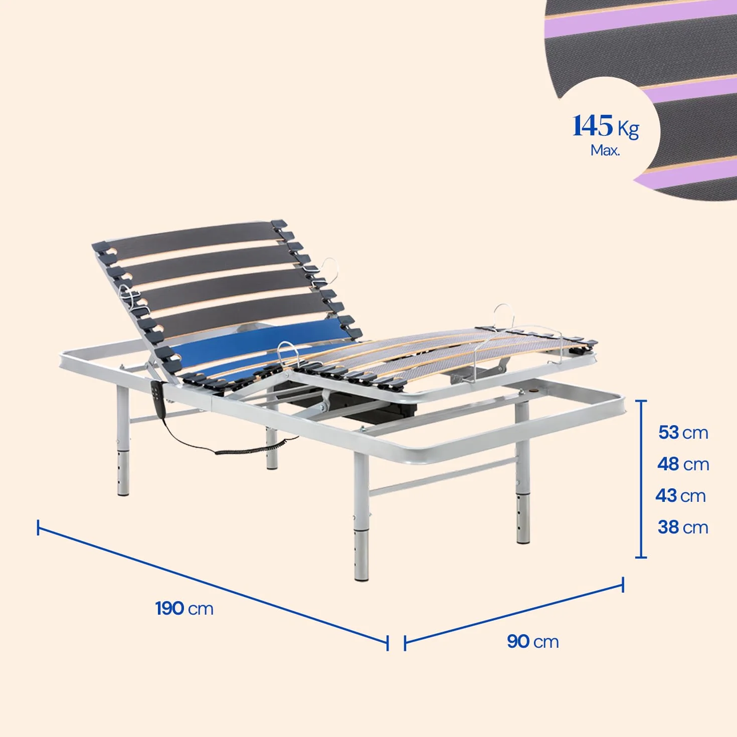 Geriafy - Cama Articulada Eléctrica | 90x190 cm | Reforzada y Compacta | Mando por Cable y Patas Regulables en 4 Alturas