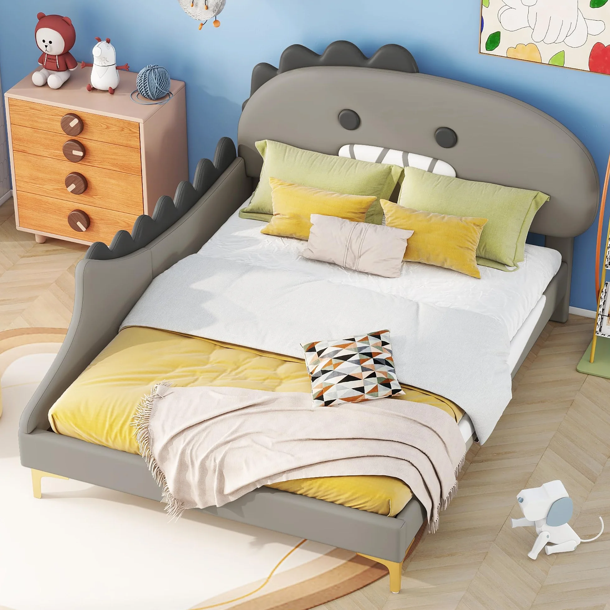 Cama infantil de 140 x 200 cm, diseño de dinosaurio, cama plana, material de poliuretano, color gris