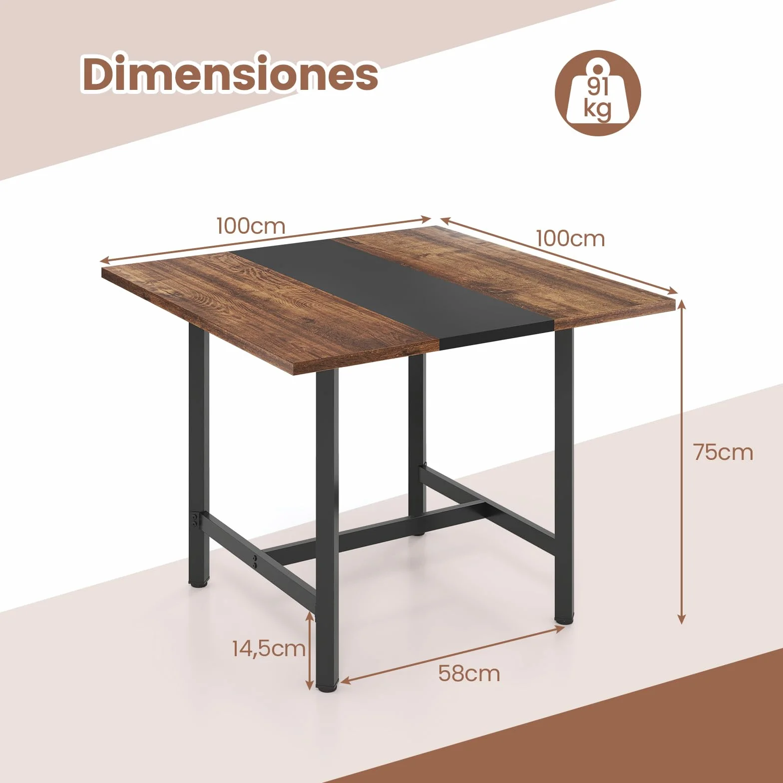 COSTWAY Mesa de Conferencias Cuadrada 100x100 cm 4 Personas Estructura Metálica Escritorio Industrial Marrón