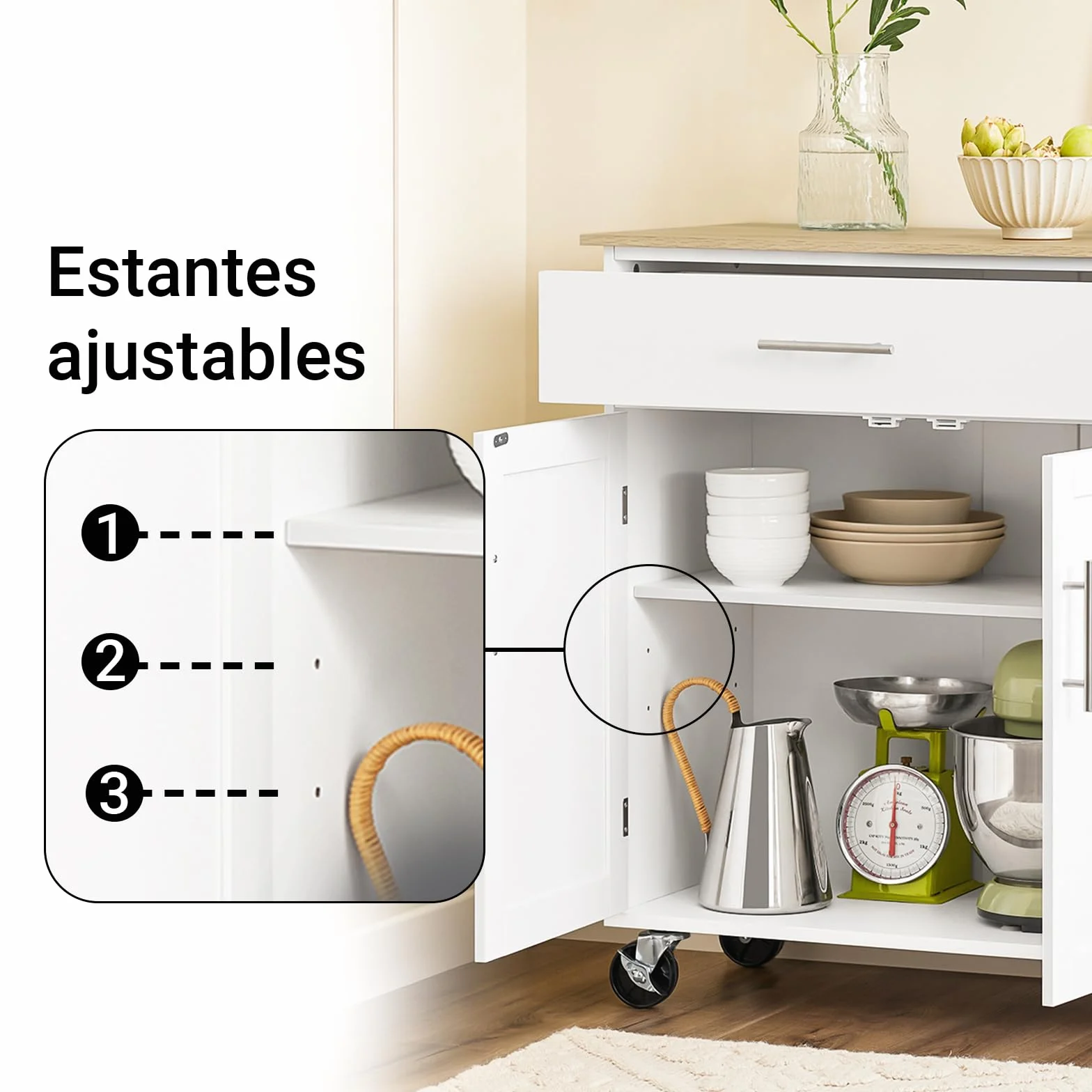 SoBuy Mueble Auxiliar de Cocina con Ruedas y Encimera – Carrito Auxiliar con Cajón y Estante Ajustable – Isla de Cocina con Ruedas, Mueble Cocina Auxiliar Blanco 99x40x85 cm FKW133-WN