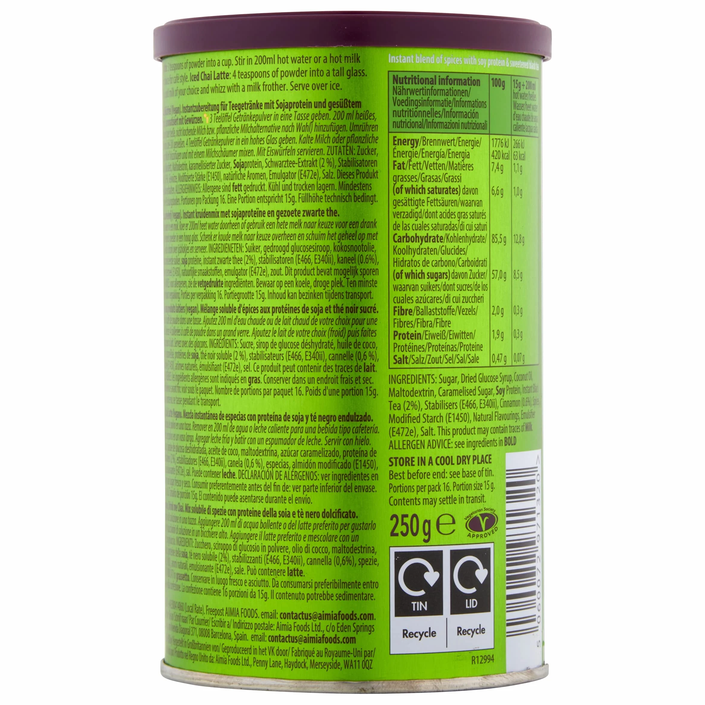 Drink me Chai Chai Latte Vegano 250 g Té en Polvo 16 Porciones