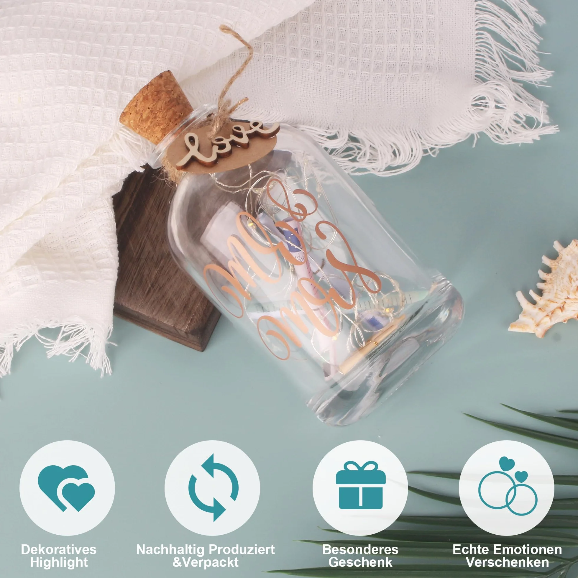 Botella de Luz Led para Bodas, Regalo Novias Recién Casados, Hucha Cristal Guirnalda, Mr & Mrs.