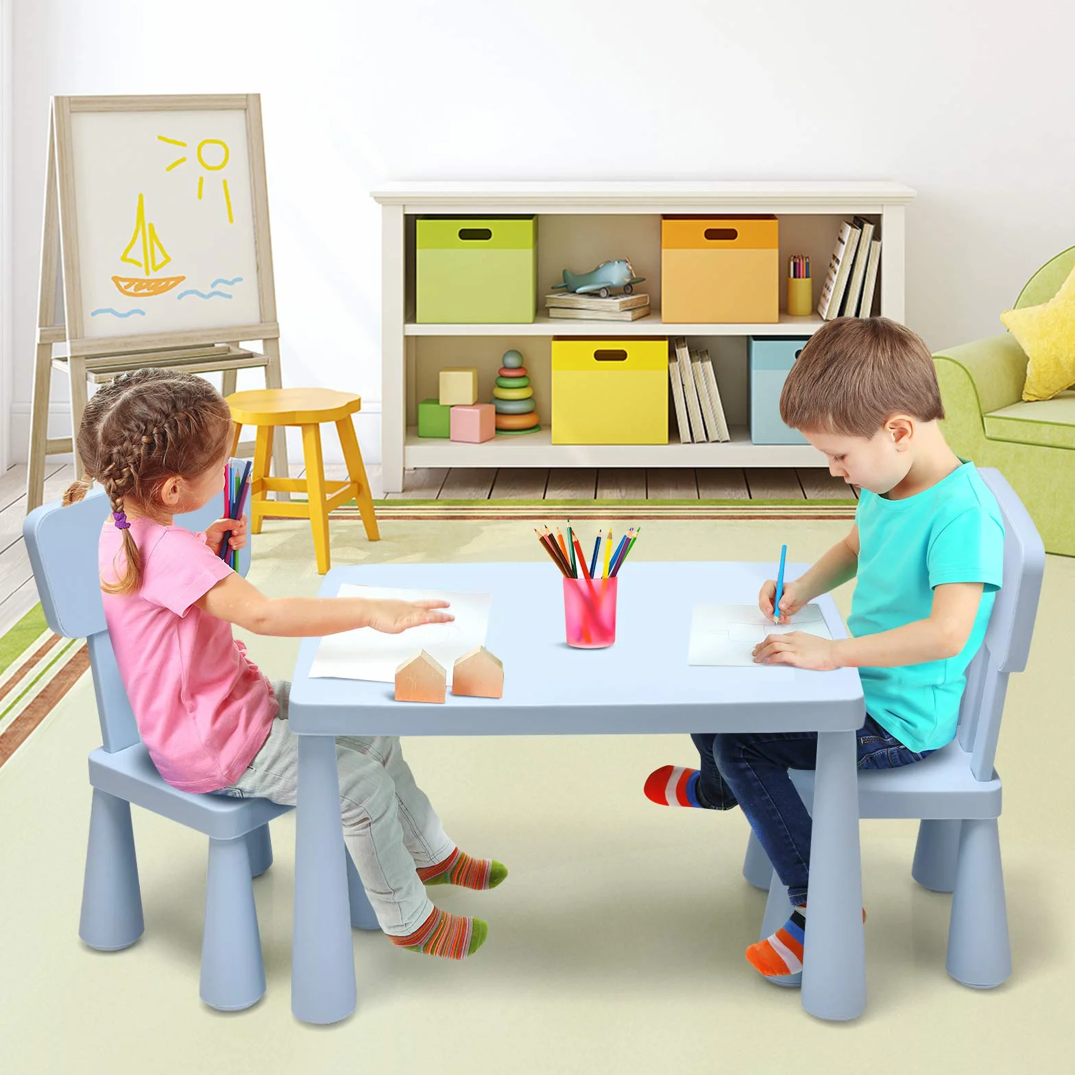 LIFEZEAL Juego de Mesa y Silla Infantil 3 Piezas, Mesa con 2 Sillas de Plástico para Niños 1-7 Años (Azul)