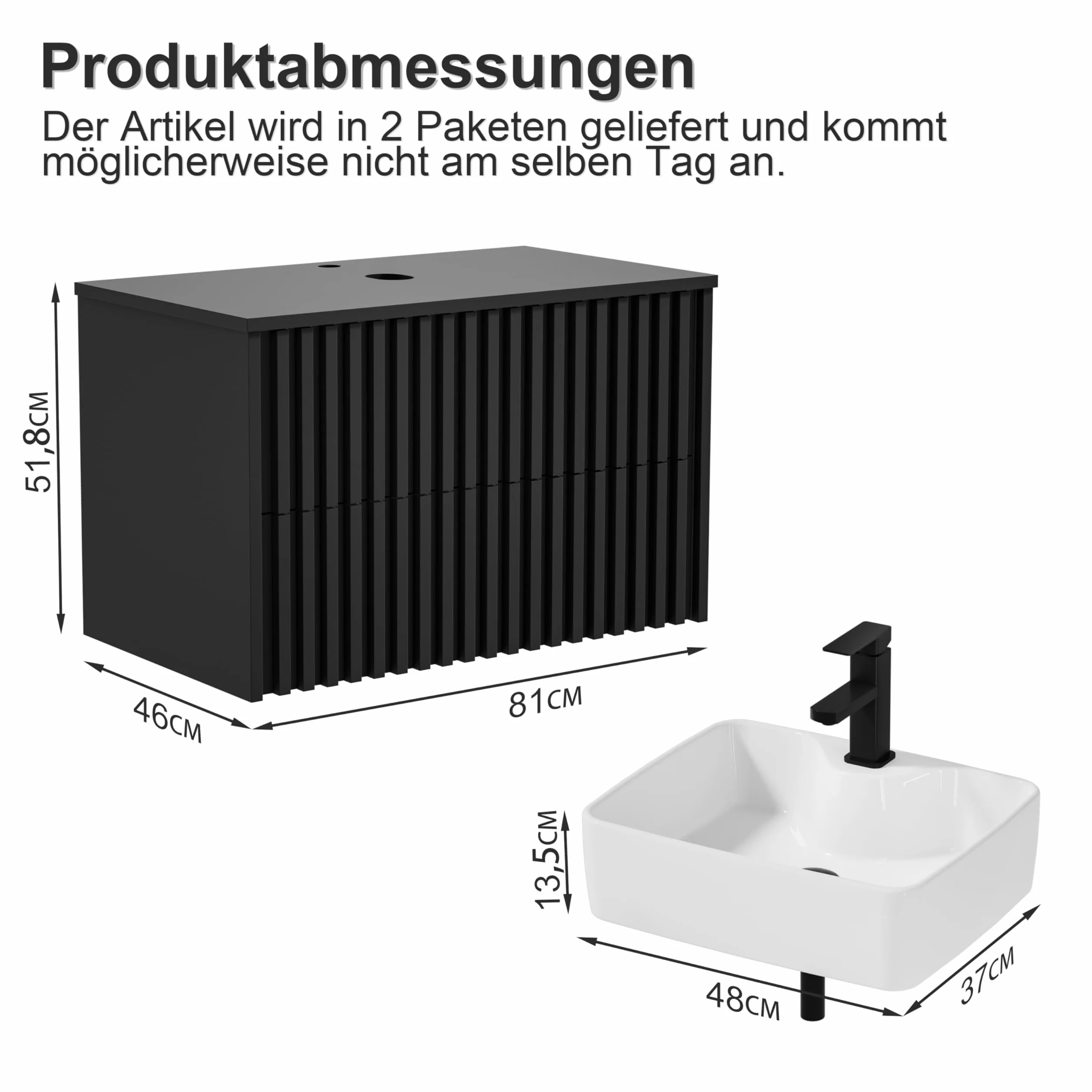 UEV Mueble de Baño 80CM con Lavabo de Cerámica, Mueble de Baño Suspendido Combina Elegancia y Funcionalidad, Lavabo con Mueble de Pared, Negro