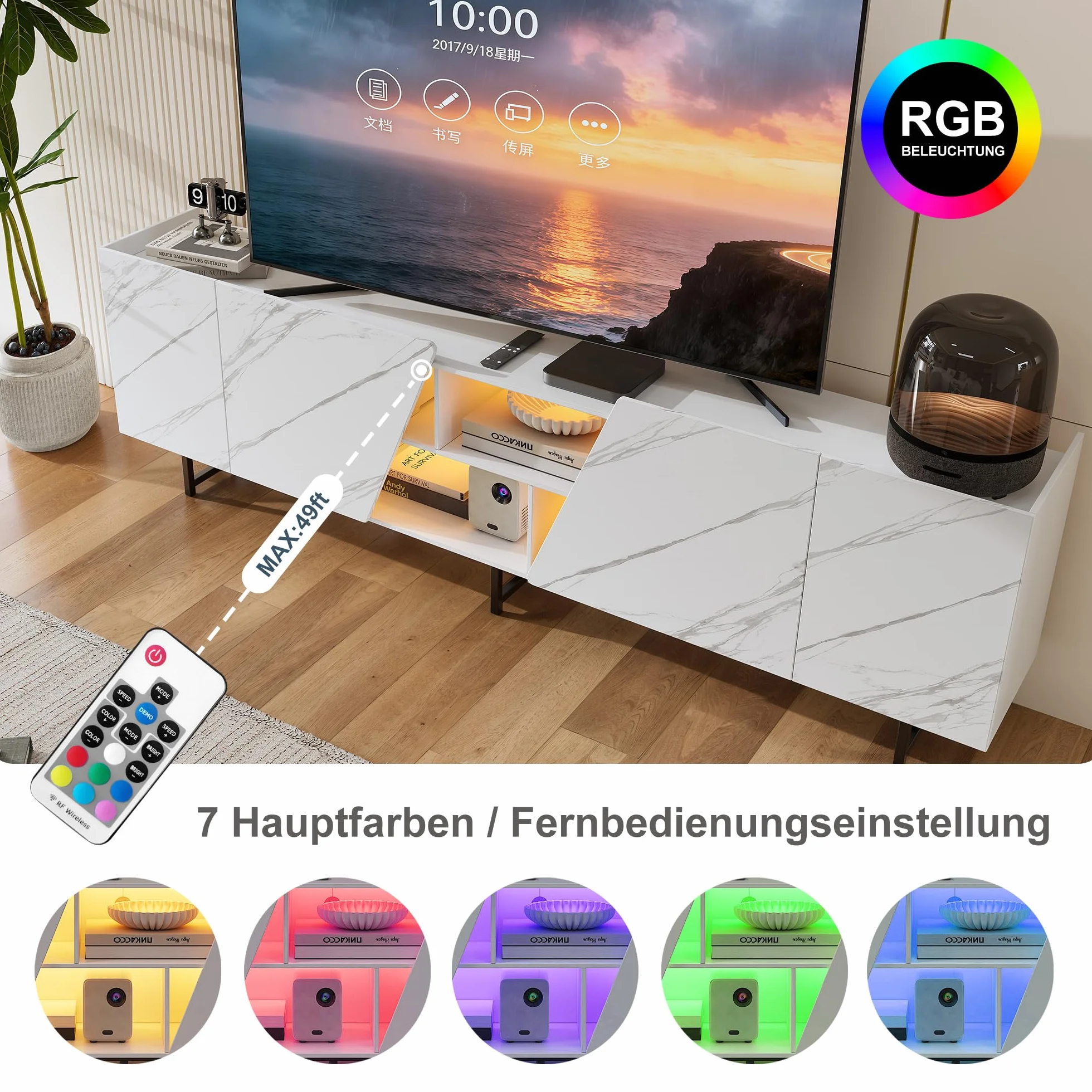 BRILVERDE Mueble de TV con iluminación LED de mármol blanco brillante, 220 cm, mueble bajo para TV con puerta, espacio de almacenamiento y aparadores, para salón (blanco, 220 cm)