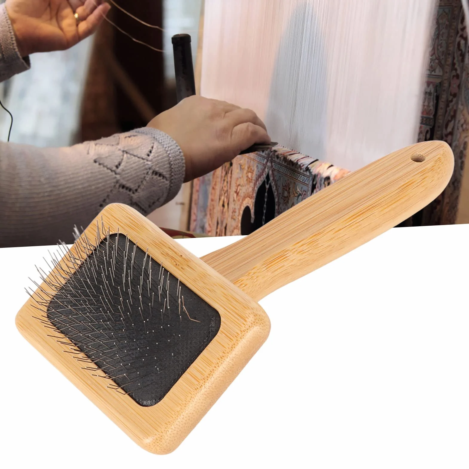 Cepillo de Lana de Piel de Oveja Cardador de Mano Peine para Alfombras de Bambú Macramé Deshedding