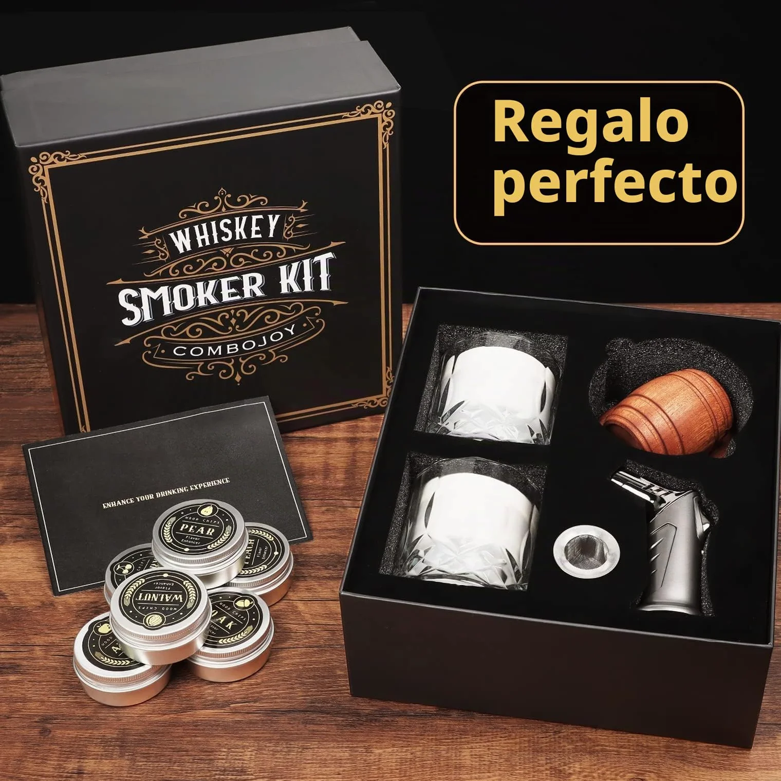 Kit de ahumador de whisky con antorcha, 6 sabores, chips de madera, 2 vasos, 2 moldes de bolas de hielo
