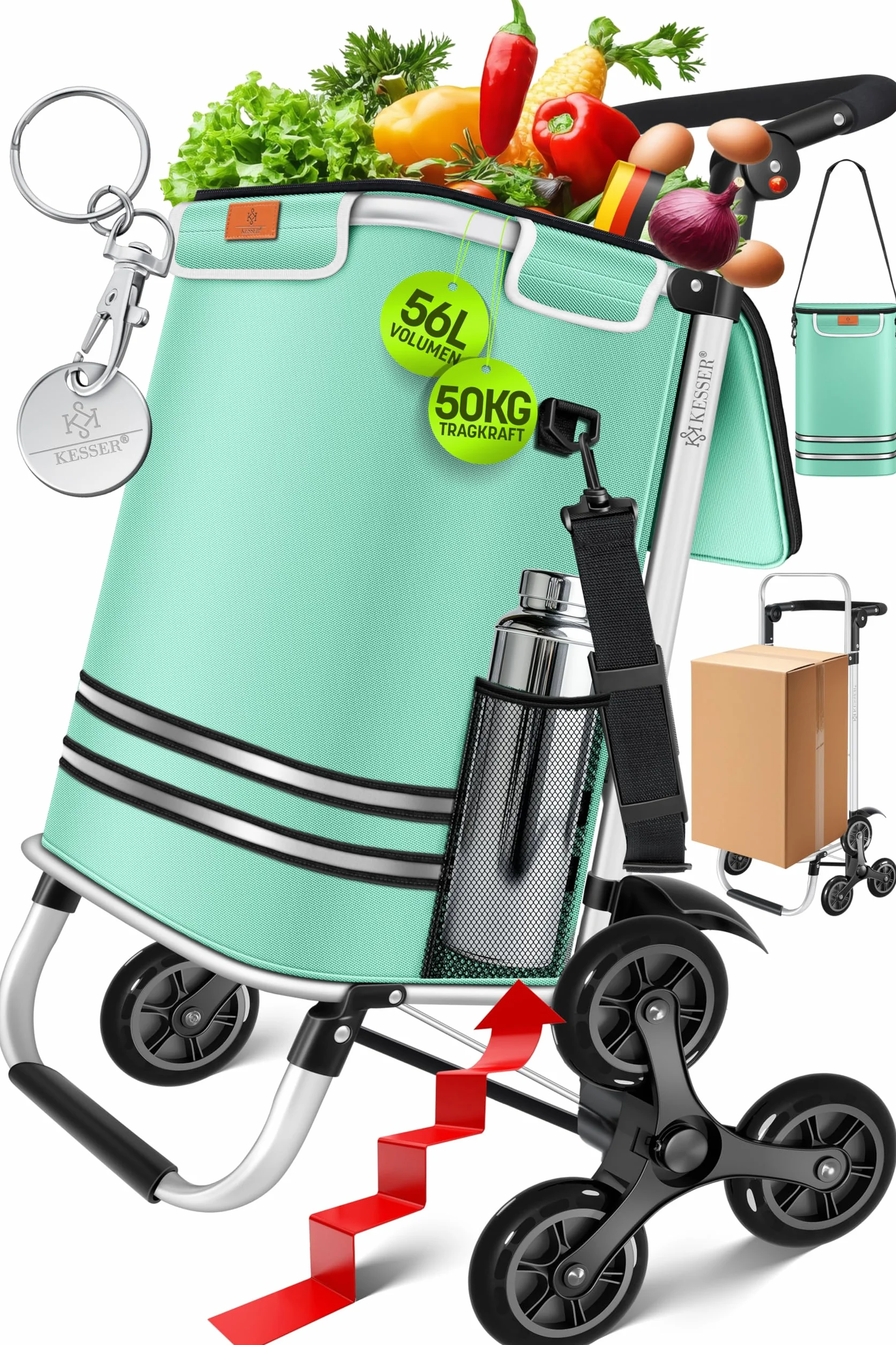 KESSER® Carro de la compra- Carro de la Compra con Compartimento Frigorífico, 56L de Capacidad, Capacidad de Carga hasta 50kg, 3en1 Carro y Bolsa bandolera, incl. Chip de compra, Plegable, Verde Menta